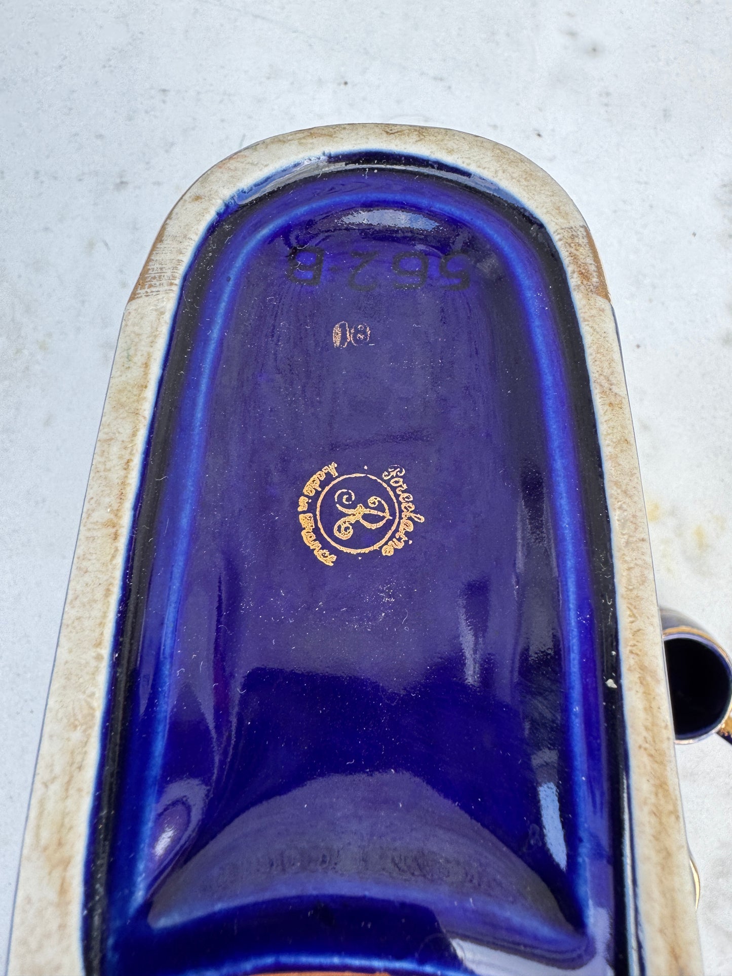 Vintage French Cobalt Blue Book-Shaped Liqueur Set – 7 Gilded Cups & Porcelain Bottle