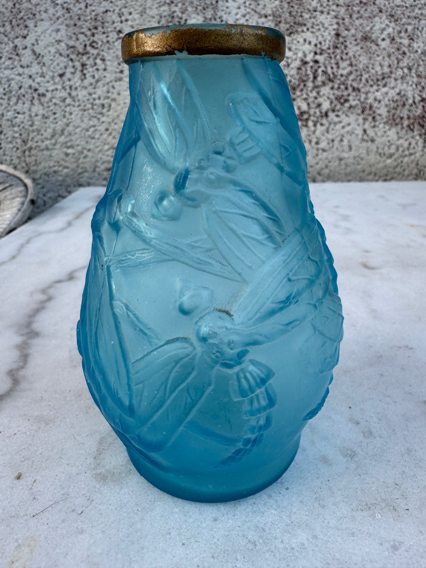 Vintage French Art Deco Glass Vase – Frosted Blue with Dragonfly Relief and Gilded Rim, ca. 1930s