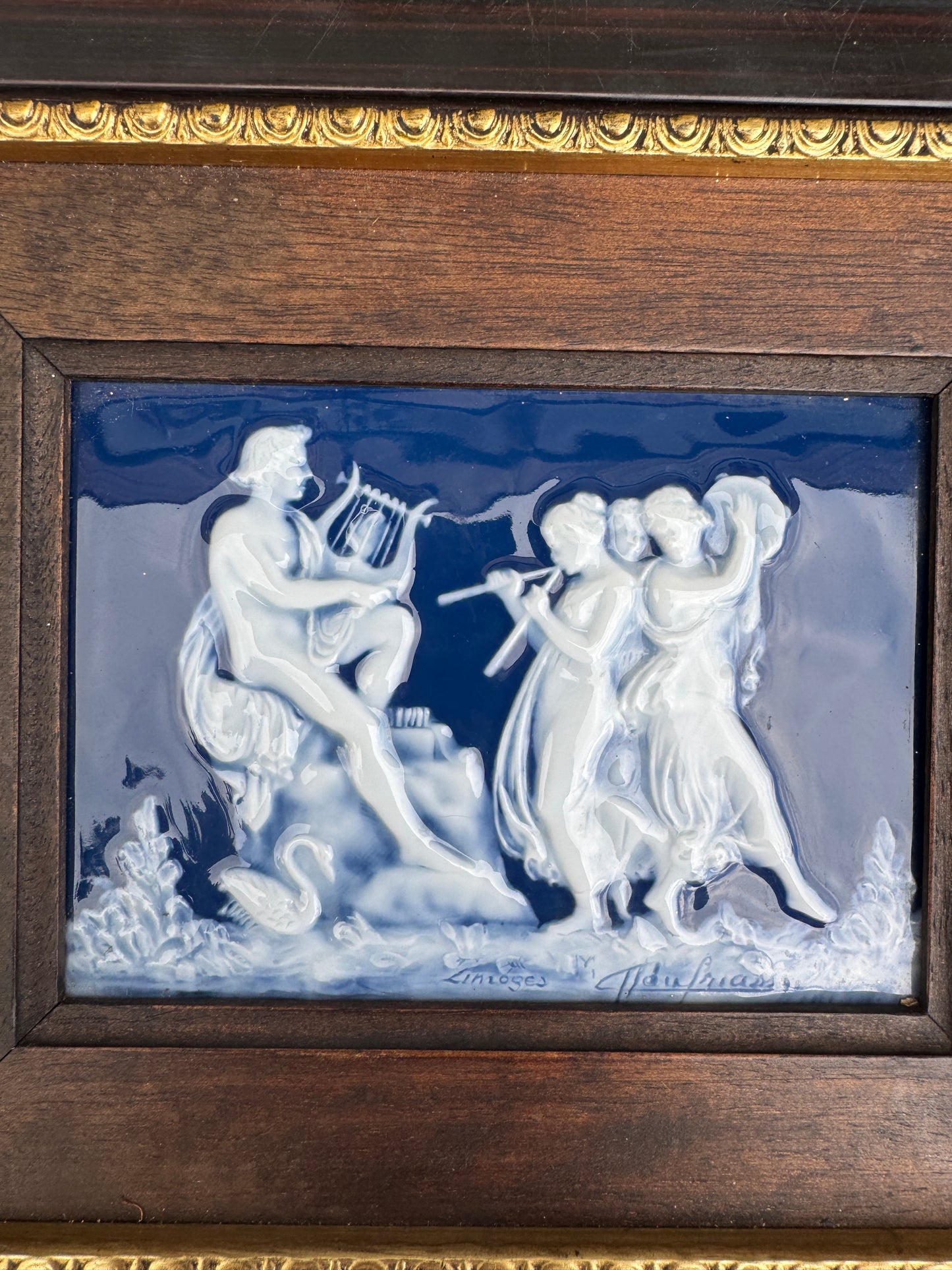 Vintage Limoges Porcelain Plaque Signed J. Chaufriasse – Framed Classical Relief with Musicians – Deep Cobalt Blue – Porcelaines d’Art Limoges France