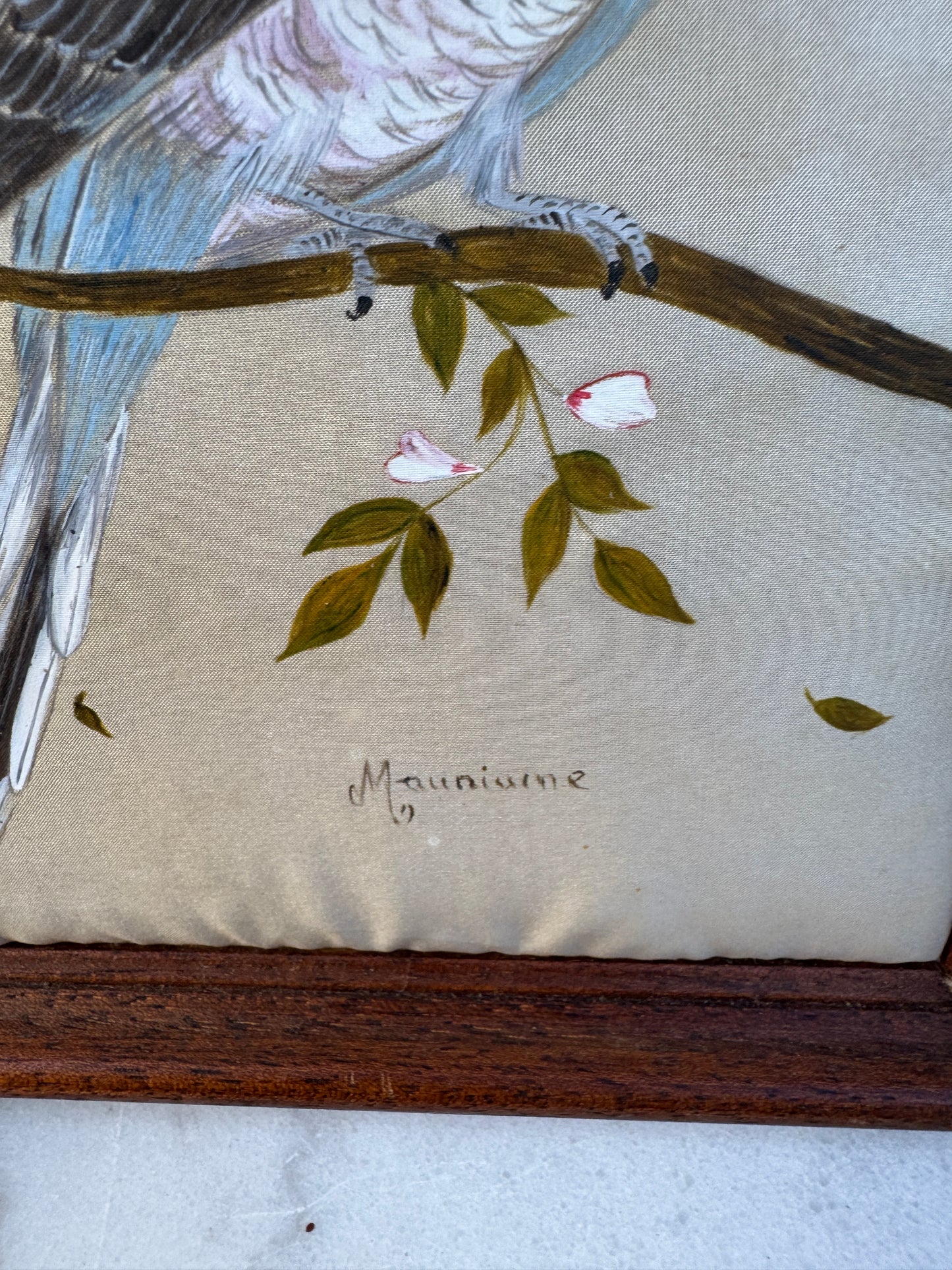 Pair of Hand-Painted Bird Portraits on Silk – Diamant de Gould & Perruche de Bourke – Signed Mauriane