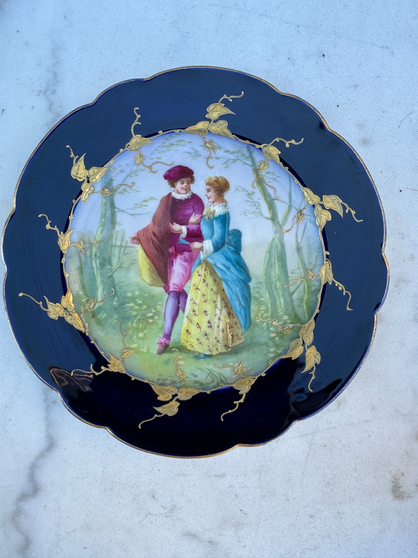 Antique Limoges D&C Hand Painted Cobalt Plate – Romantic Scene – Gold Gilt – ca. 1900