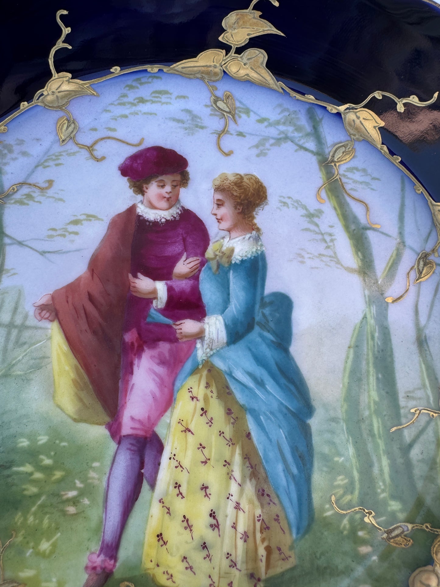 Antique Limoges D&C Hand Painted Cobalt Plate – Romantic Scene – Gold Gilt – ca. 1900