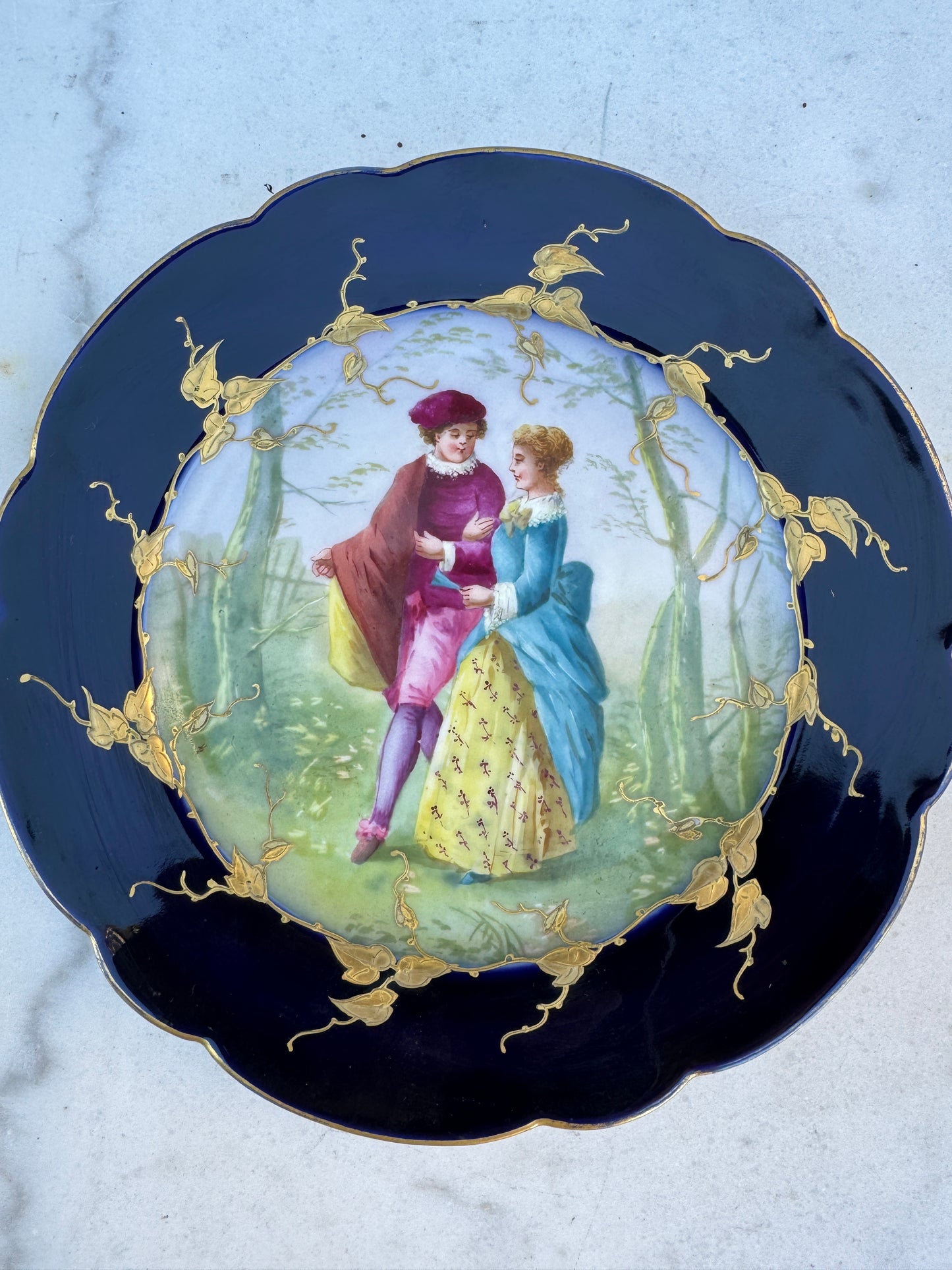 Antique Limoges D&C Hand Painted Cobalt Plate – Romantic Scene – Gold Gilt – ca. 1900