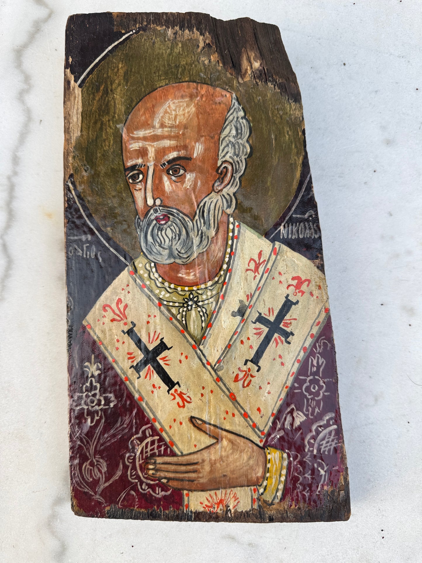 Hand-Painted Orthodox Icon of Saint Nicholas – Tempera on Aged Wood – Byzantine Style – 28×15 cm