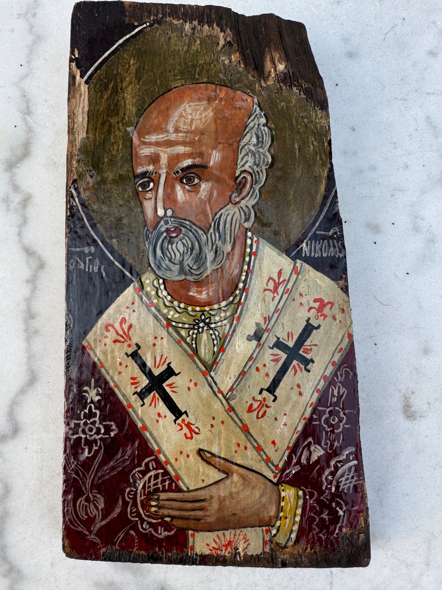 Hand-Painted Orthodox Icon of Saint Nicholas – Tempera on Aged Wood – Byzantine Style – 28×15 cm