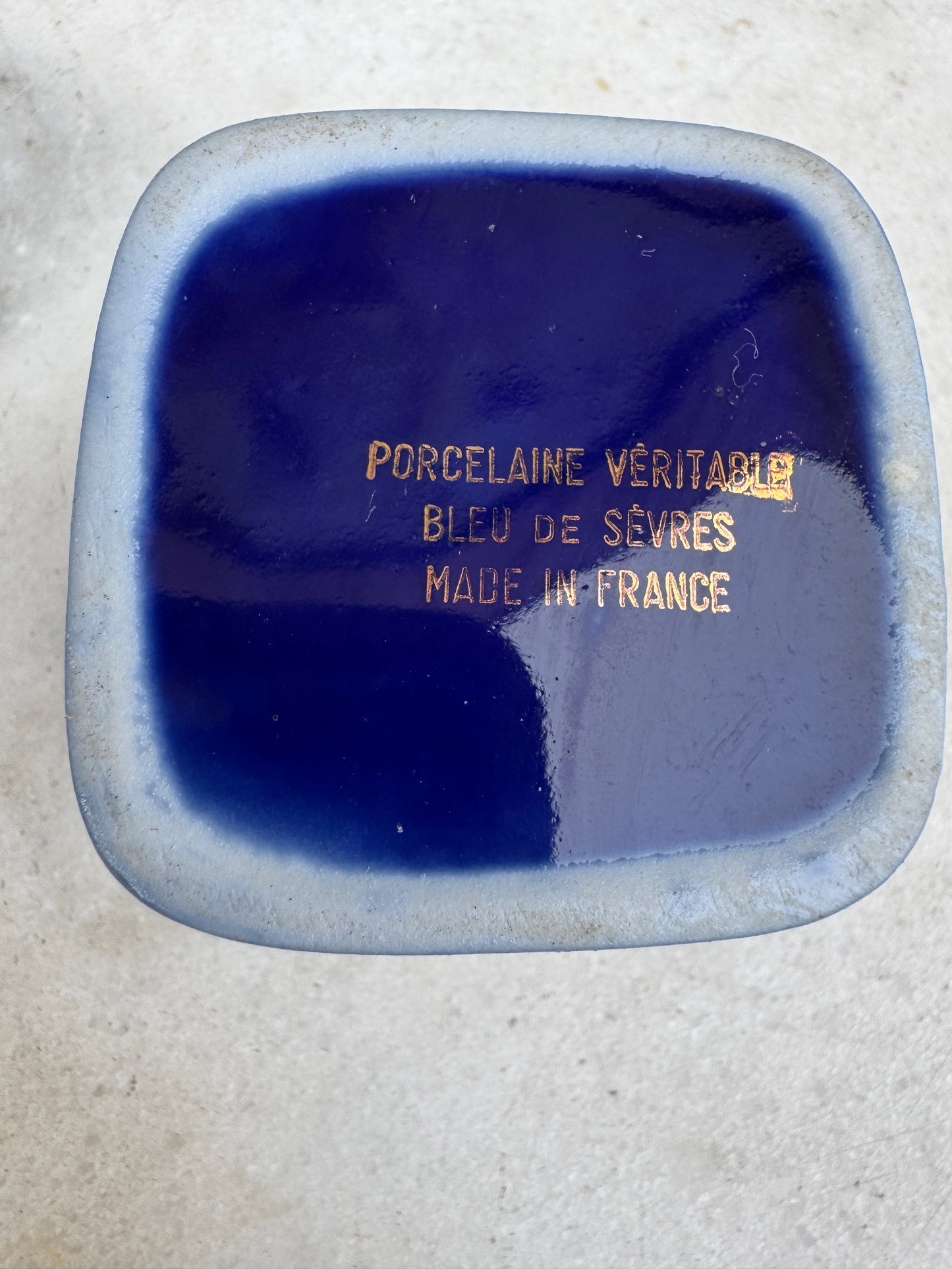 Vintage French Porcelain Trinket Box, Bleu de Sèvres Style, Gilded Romantic Scene, c.1950s