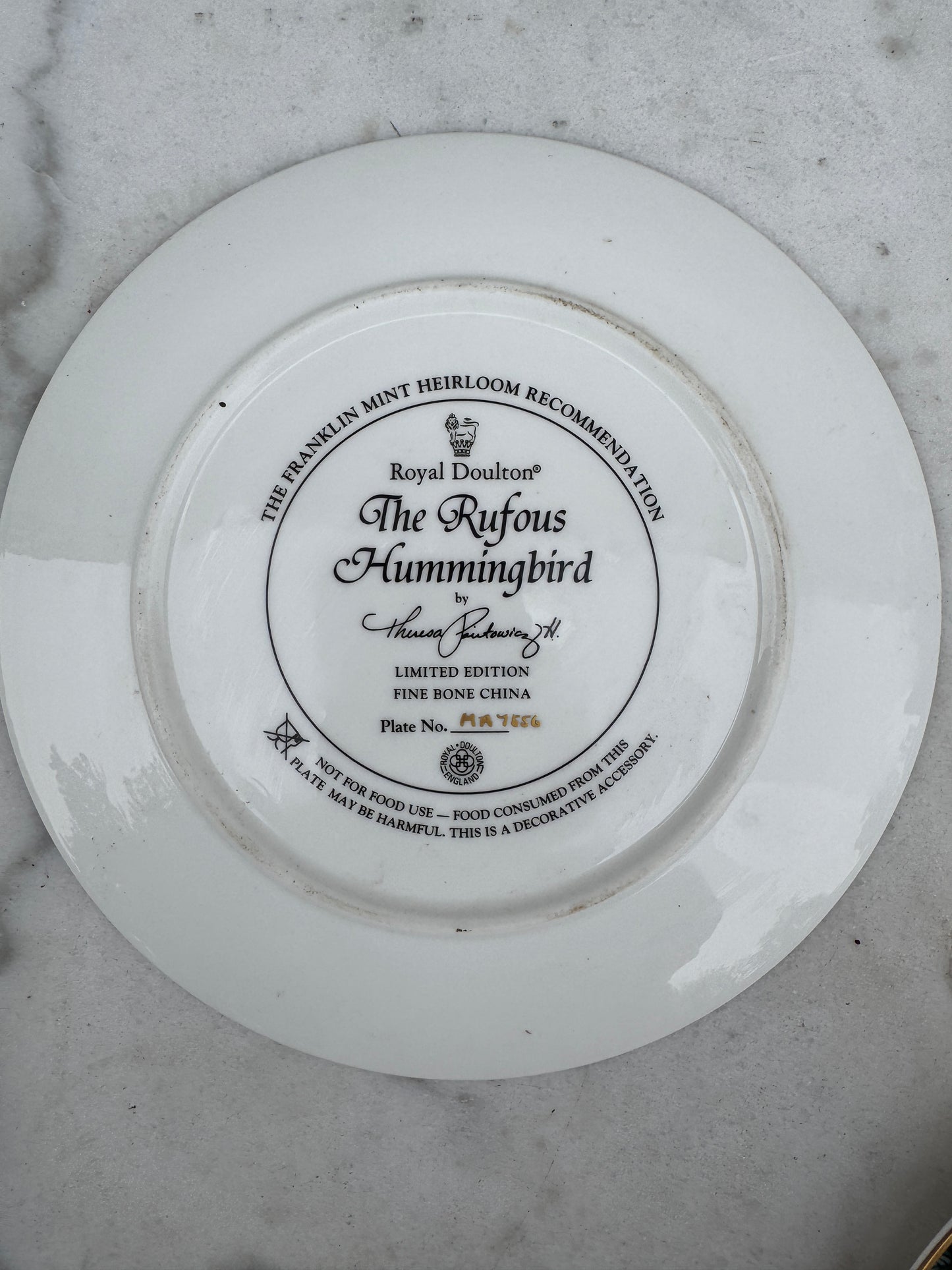 Royal Doulton Hummingbird Plate, Franklin Mint Limited Edition, Fine Bone China, 21 cm — Sold Individually