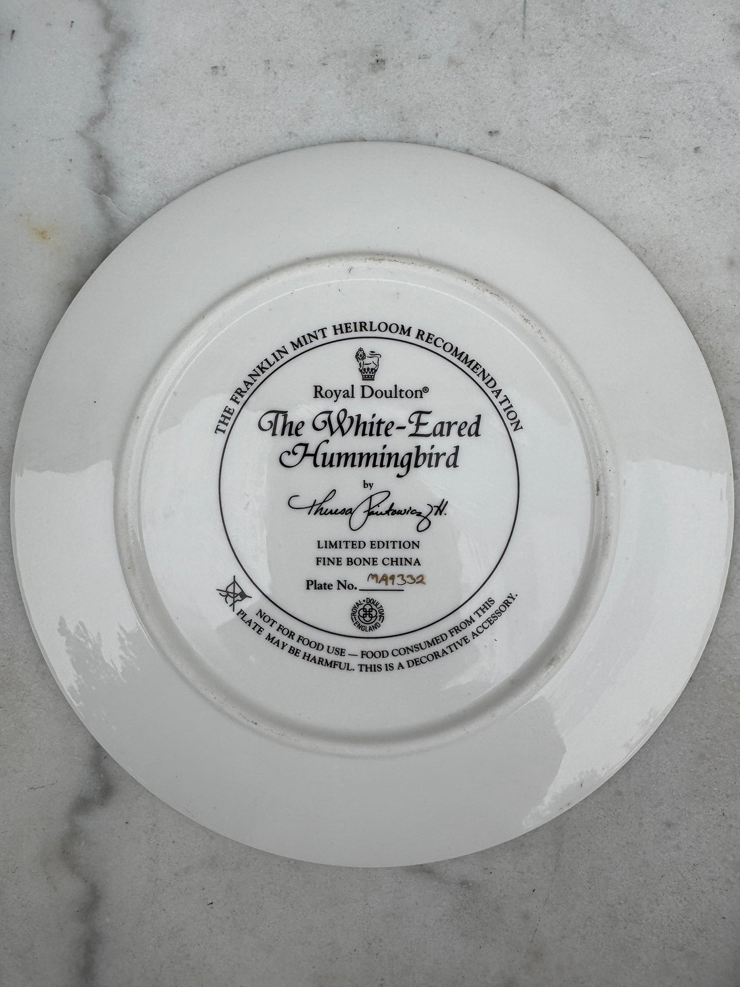 Royal Doulton Hummingbird Plate, Franklin Mint Limited Edition, Fine Bone China, 21 cm — Sold Individually