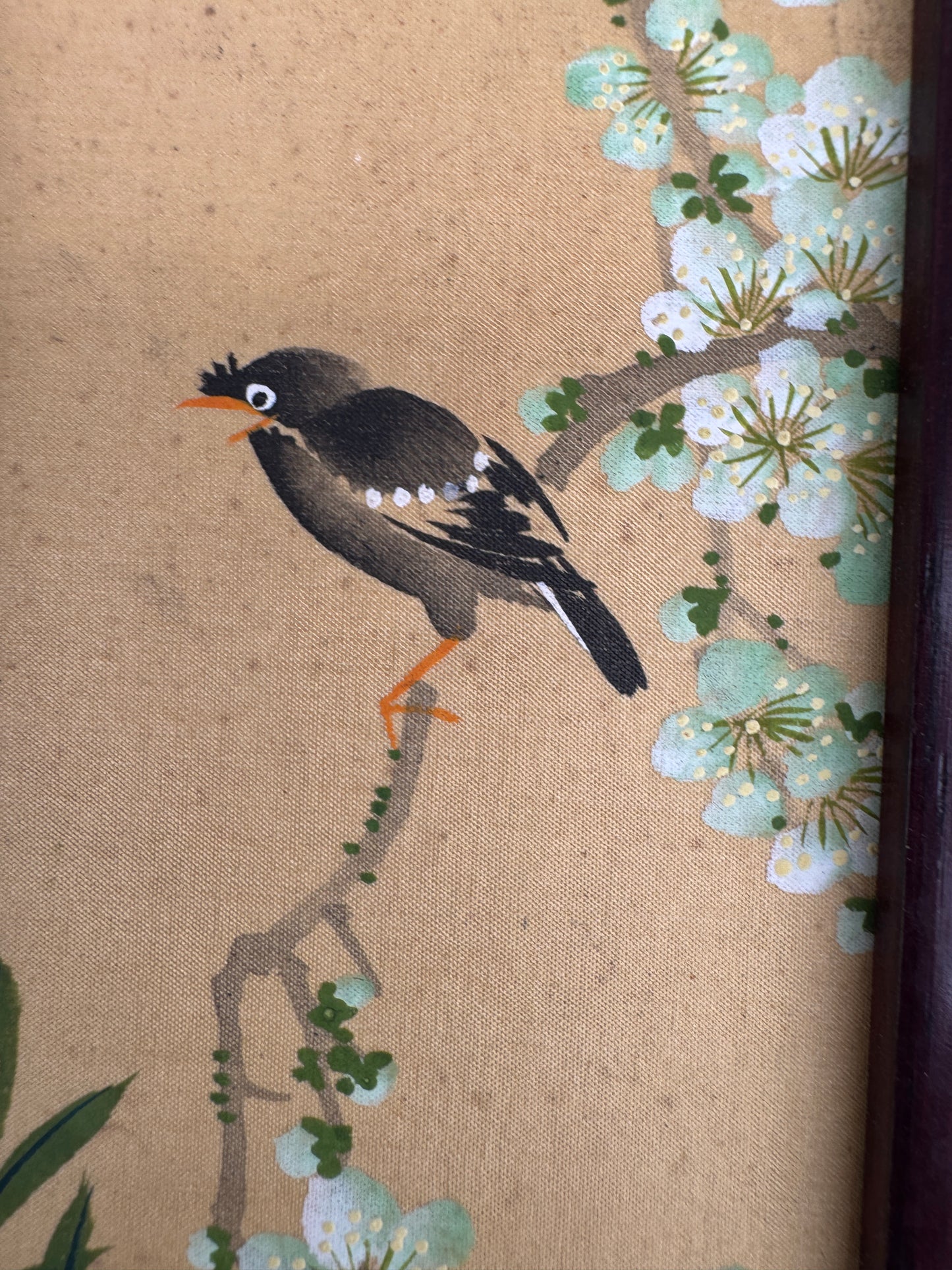 Vintage Chinese Miniature Folding Screen, Hand-Painted Birds & Flowers, Wooden Frame, 4 Panels