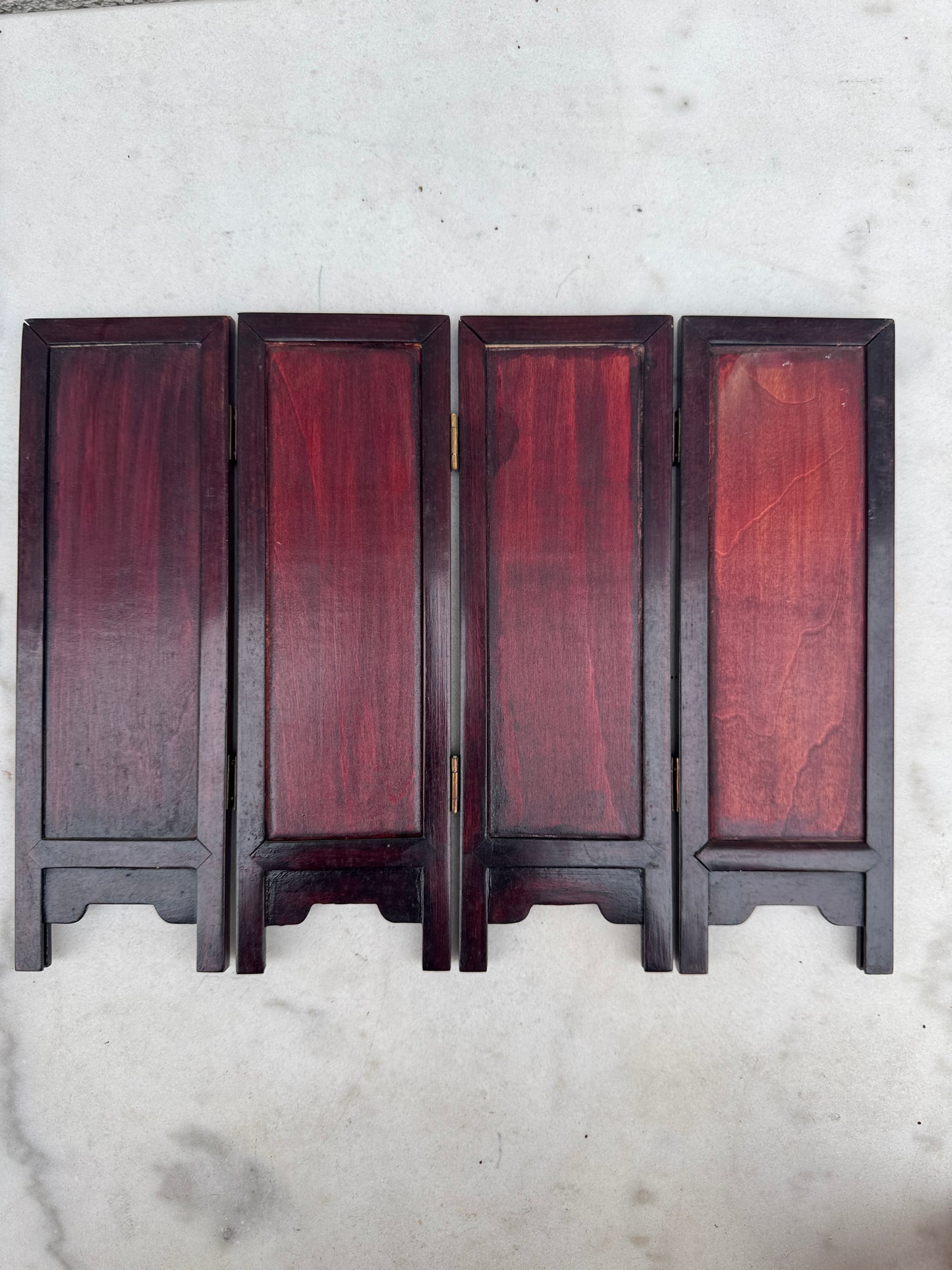 Vintage Chinese Miniature Folding Screen, Hand-Painted Birds & Flowers, Wooden Frame, 4 Panels