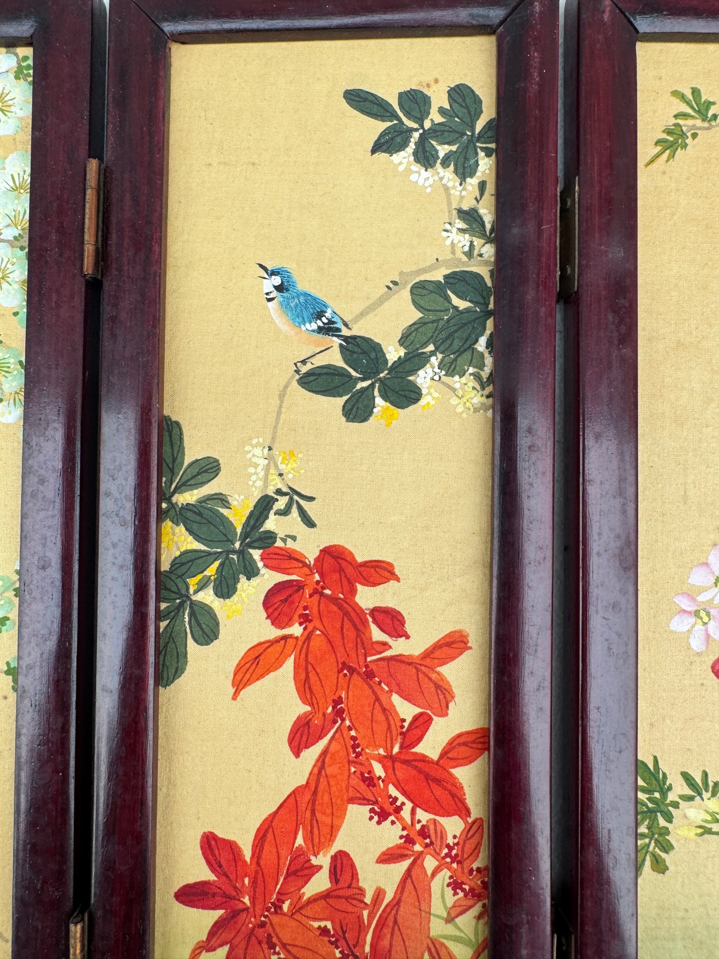 Vintage Chinese Miniature Folding Screen, Hand-Painted Birds & Flowers, Wooden Frame, 4 Panels