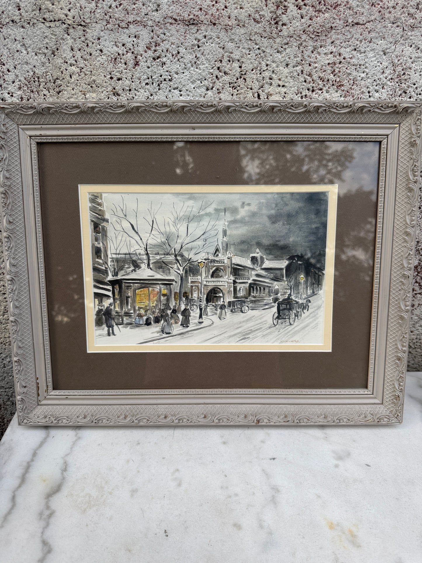 Antique French Watercolor by J. Ricouard, Paris Street Scene, c.1920s–1930s – Framed Original Painting
