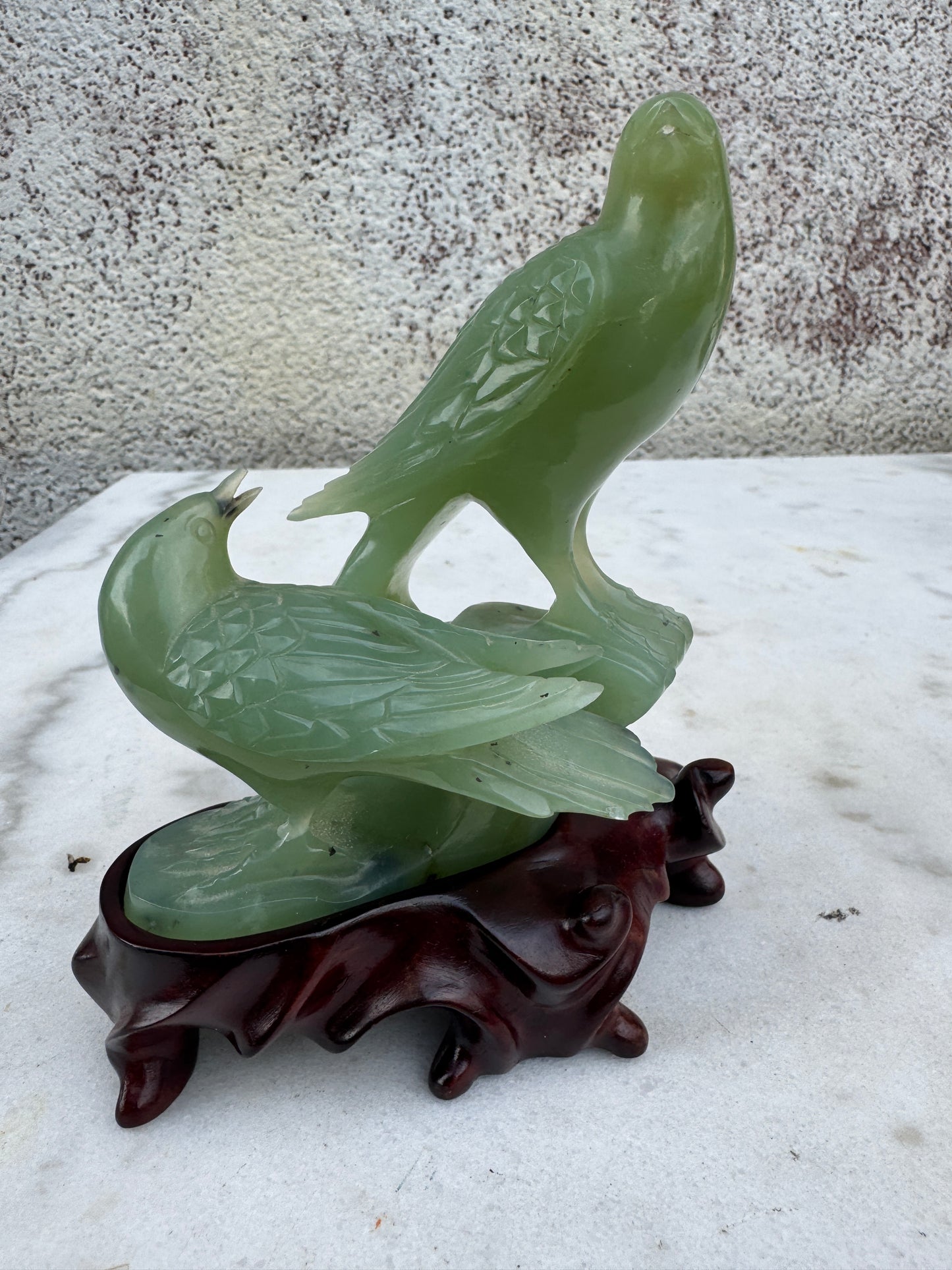 Vintage Hand-Carved Green Jade Birds Sculpture on Wooden Stand – Chinese Mid-20th Century