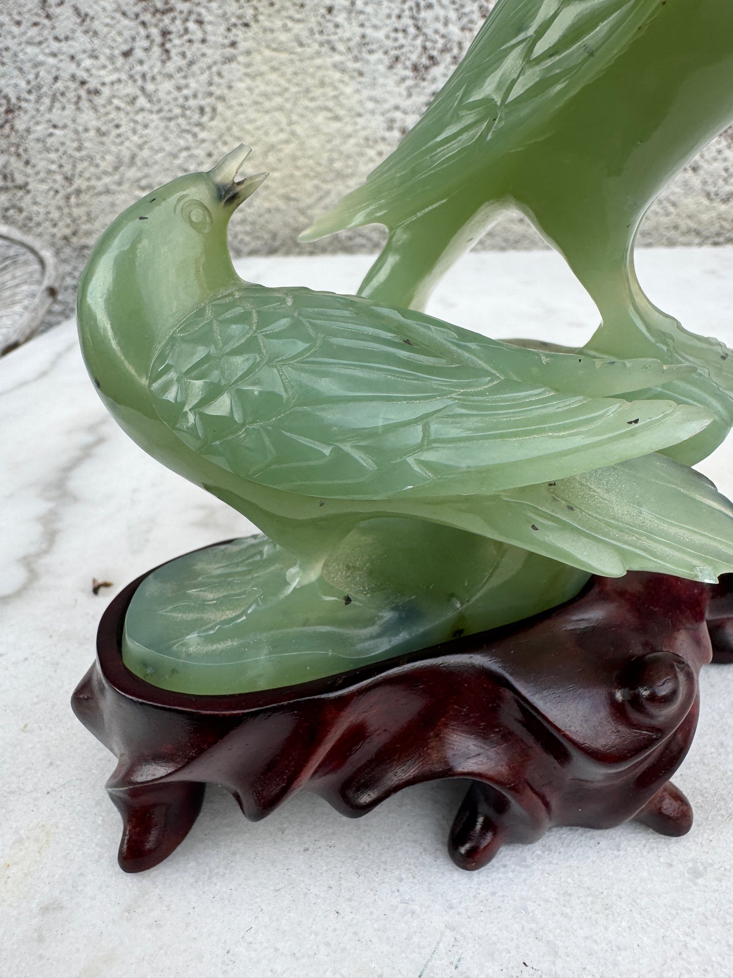Vintage Hand-Carved Green Jade Birds Sculpture on Wooden Stand – Chinese Mid-20th Century
