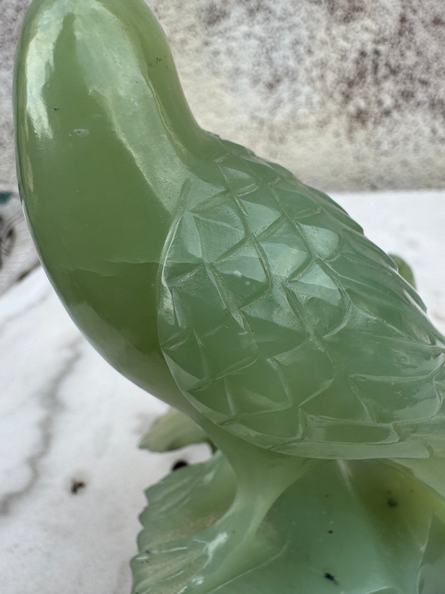 Vintage Hand-Carved Green Jade Birds Sculpture on Wooden Stand – Chinese Mid-20th Century