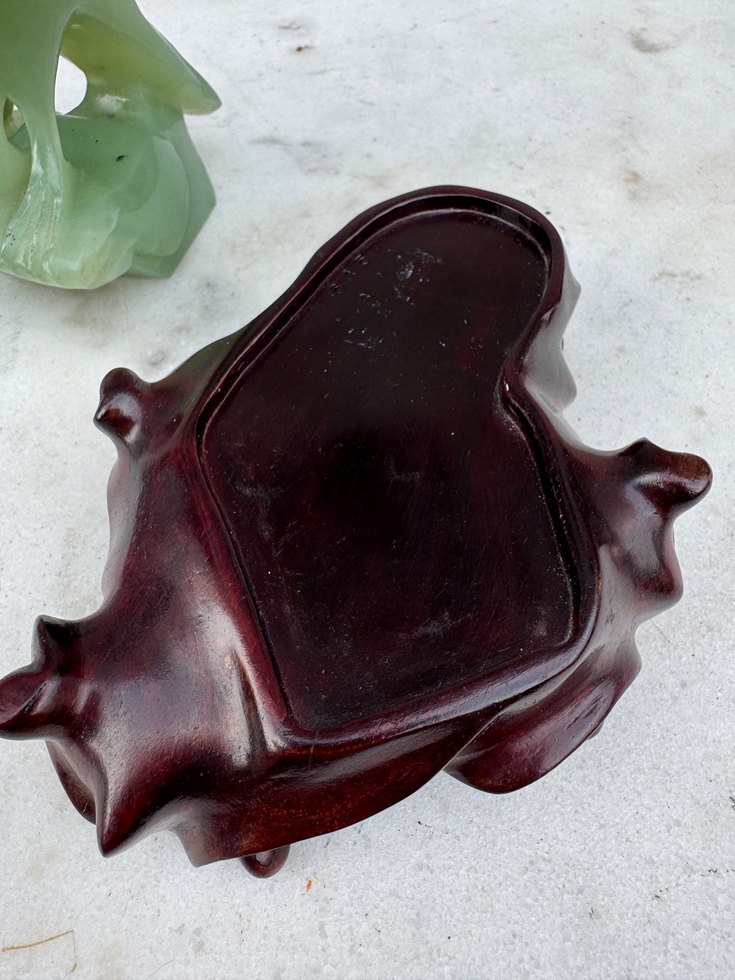 Vintage Hand-Carved Green Jade Birds Sculpture on Wooden Stand – Chinese Mid-20th Century