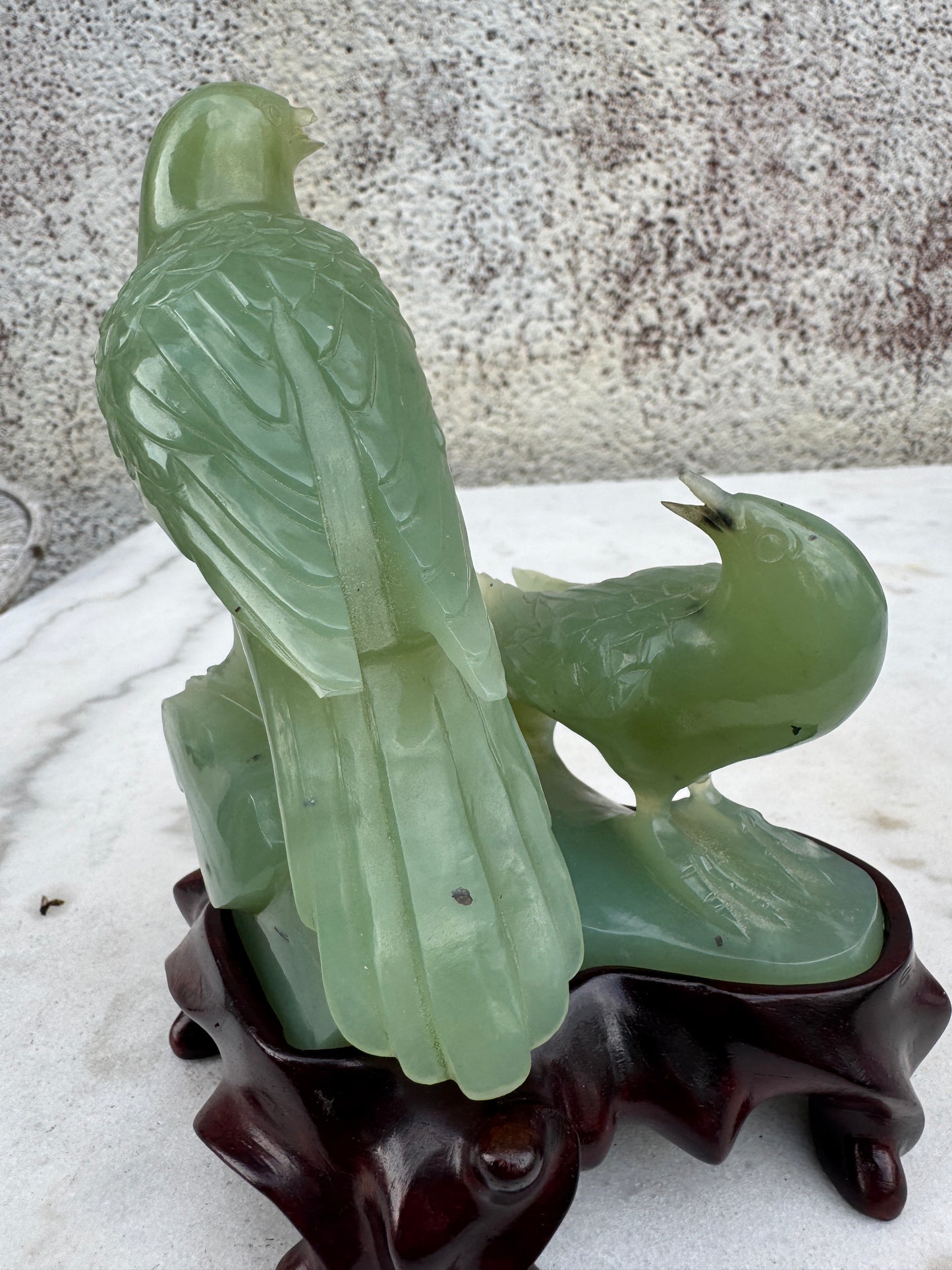 Vintage Hand-Carved Green Jade Birds Sculpture on Wooden Stand – Chinese Mid-20th Century