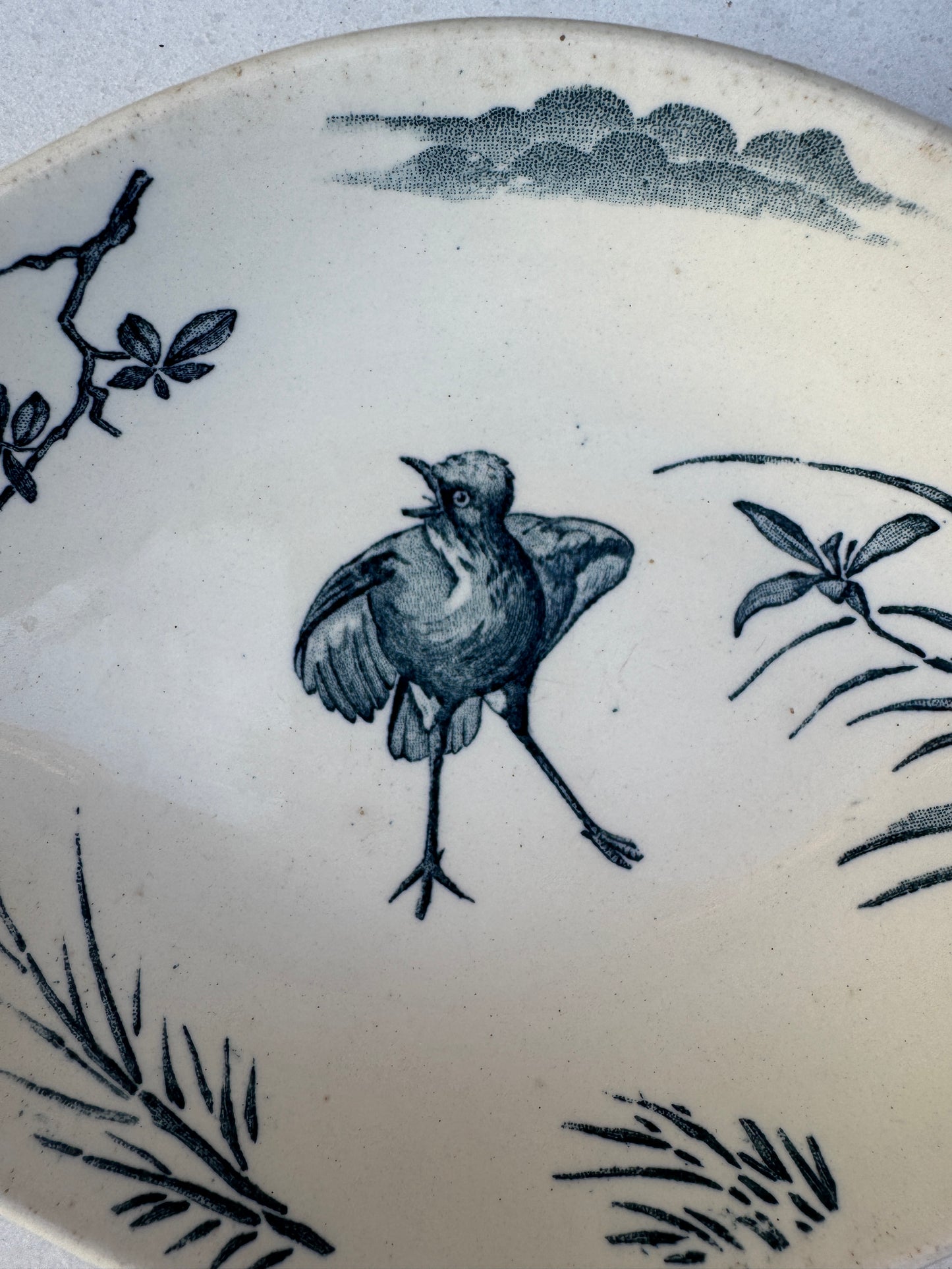 Antique French Faience Dish – Bird and Botanical Motif, 26.5x15 cm