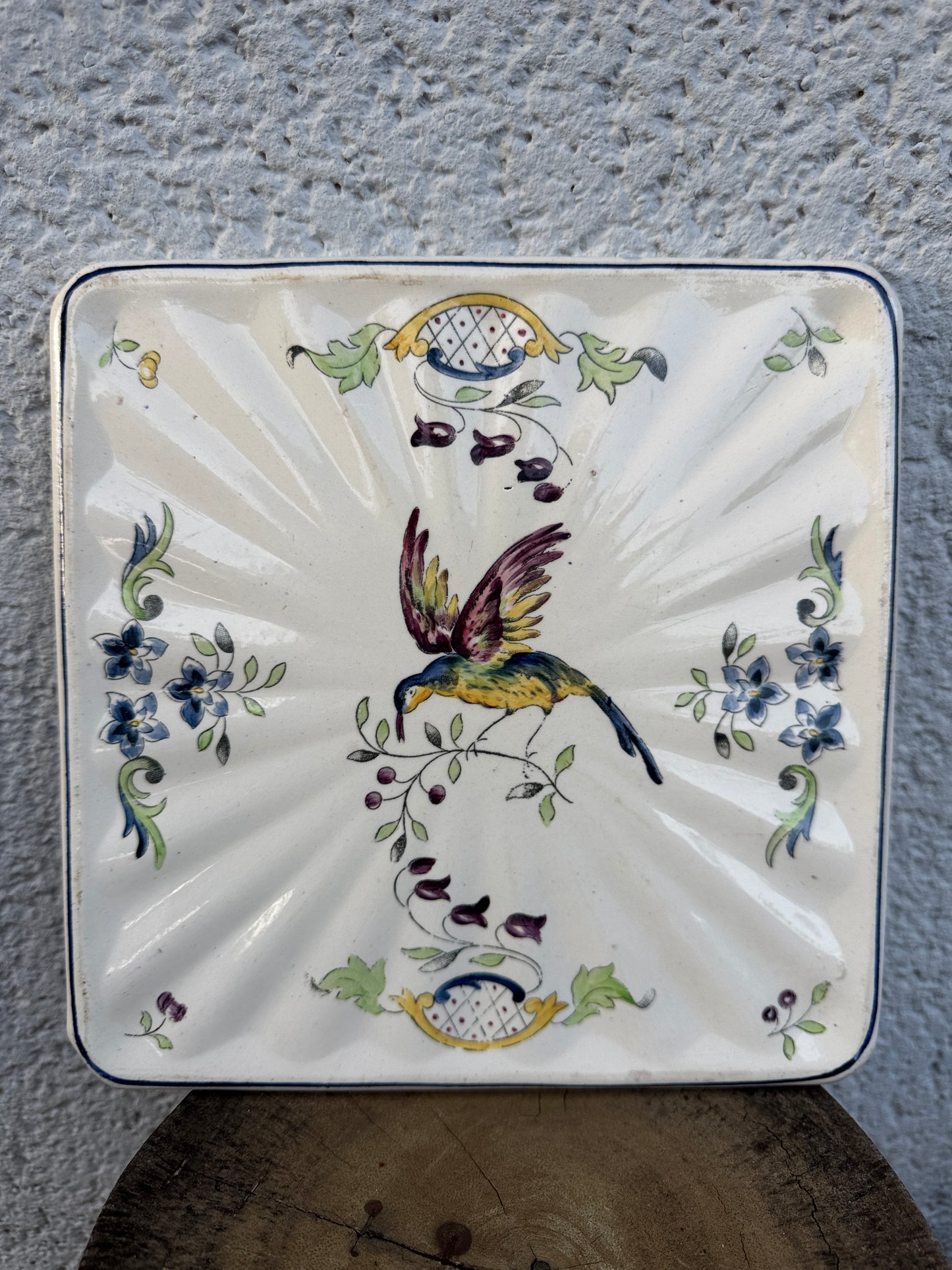 Vintage Longchamp Cléry French Faience Trivet - Hand Painted Bird and Flowers - Square Hot Plate 21.5 cm