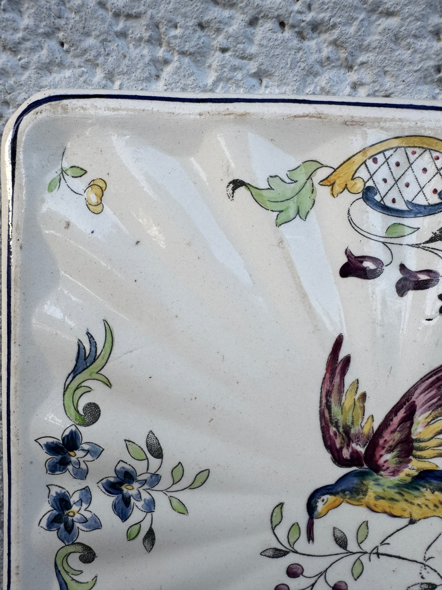 Vintage Longchamp Cléry French Faience Trivet - Hand Painted Bird and Flowers - Square Hot Plate 21.5 cm