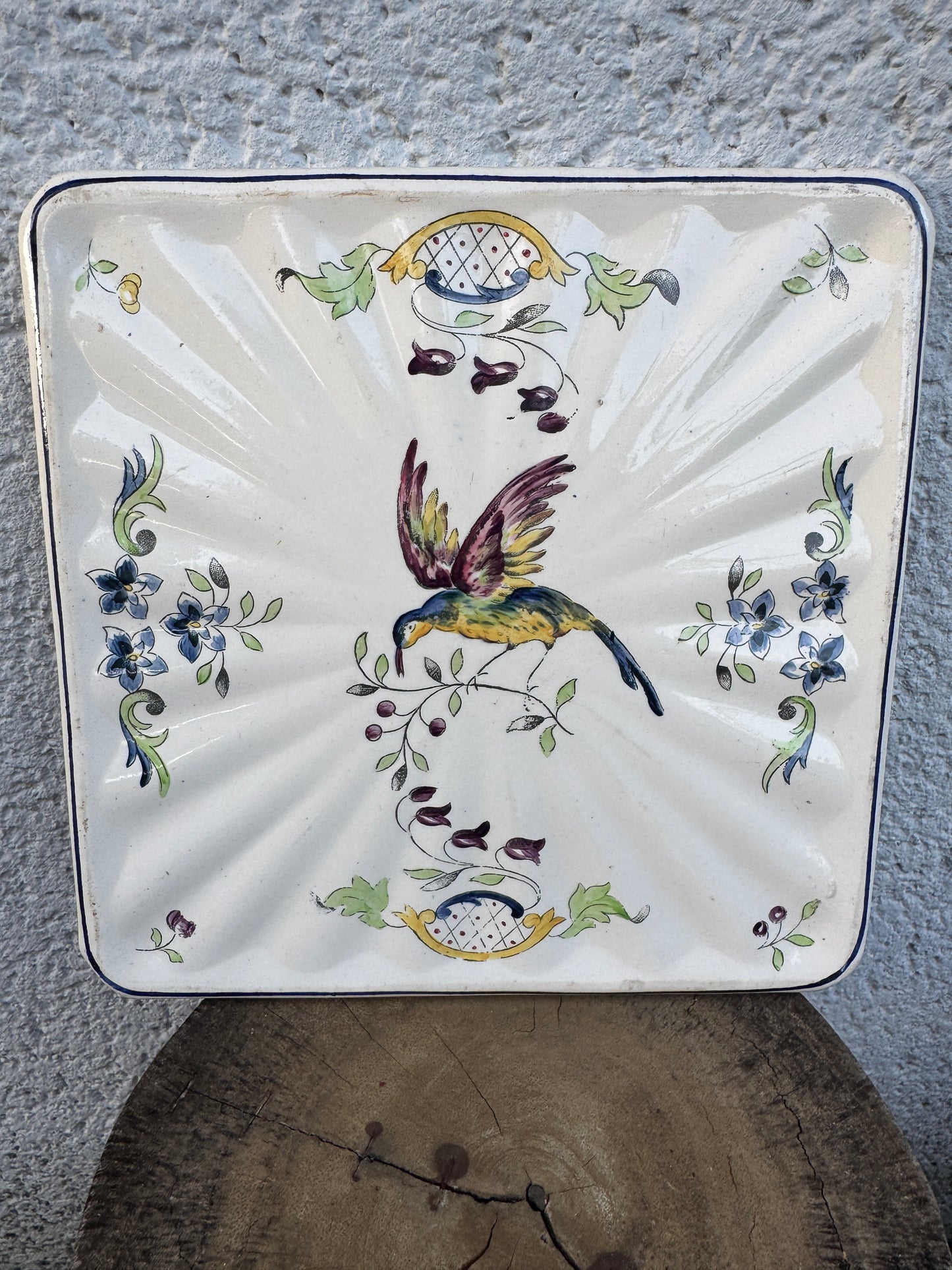 Vintage Longchamp Cléry French Faience Trivet - Hand Painted Bird and Flowers - Square Hot Plate 21.5 cm