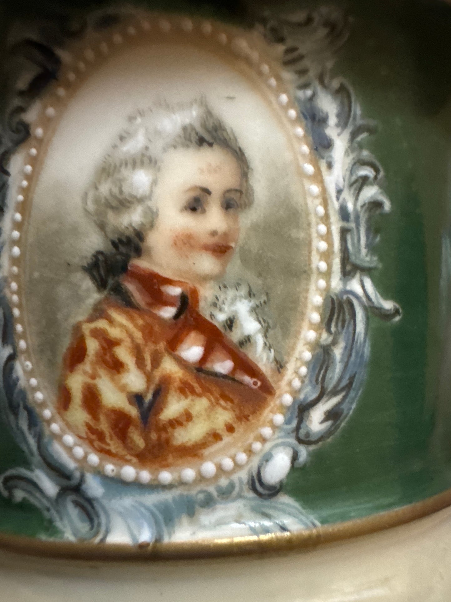 Antique Limoges Porcelain Cup & Saucer – Green Glaze with Portrait – ca. 20th century