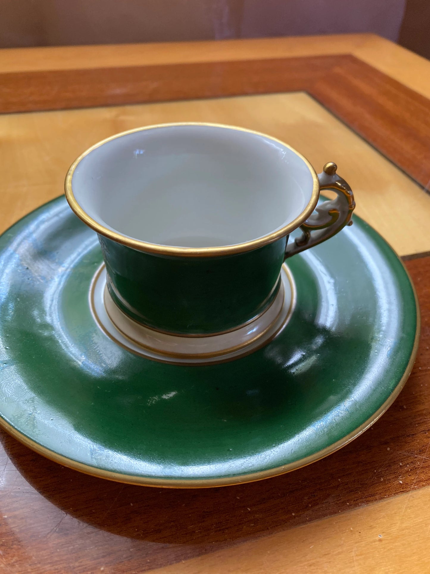 Antique Limoges Porcelain Cup & Saucer – Green Glaze with Portrait – ca. 20th century