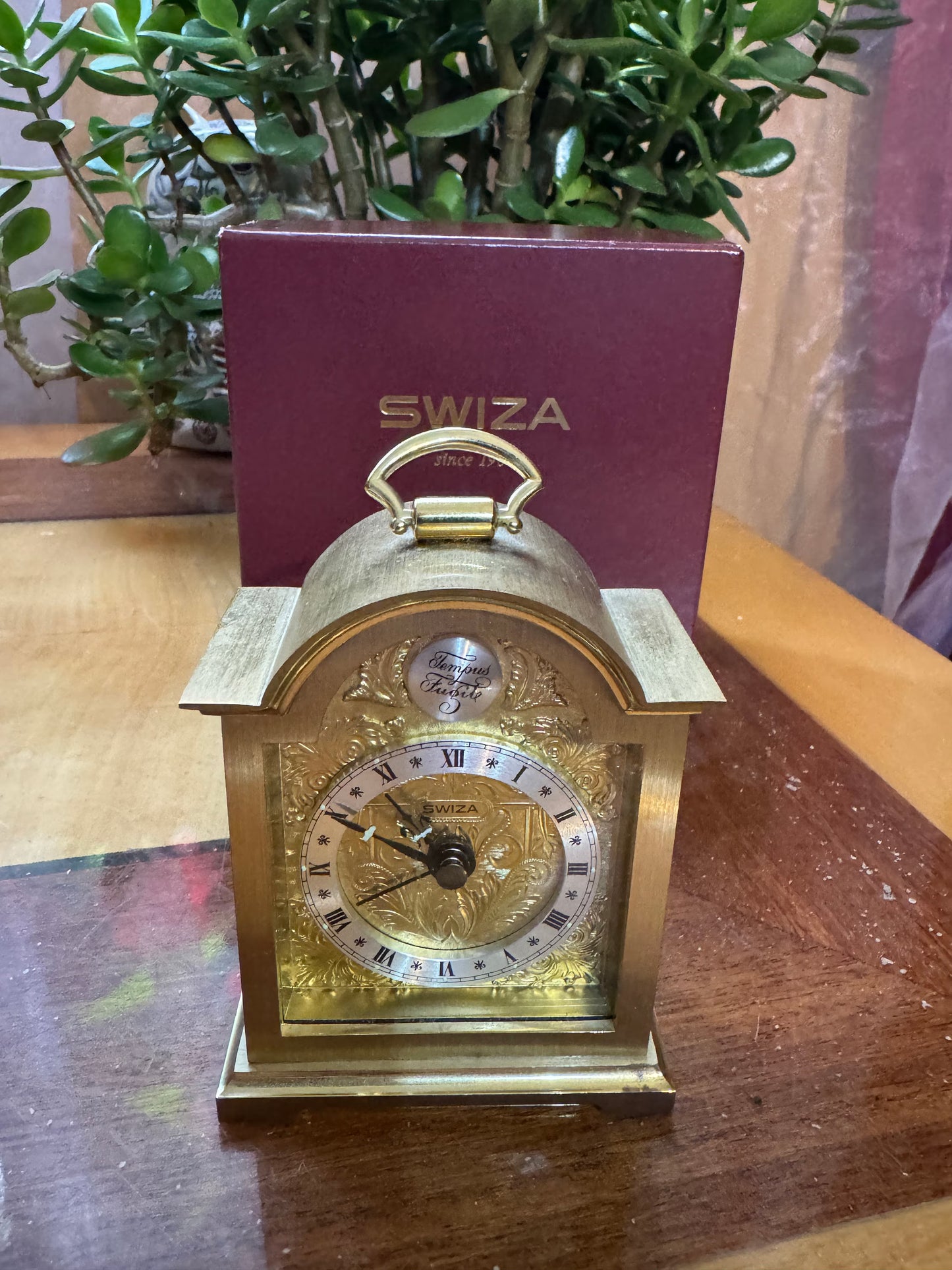 Vintage SWIZA Brass Alarm Clock – Tempus Fugit, Swiss Made, with Box & Papers