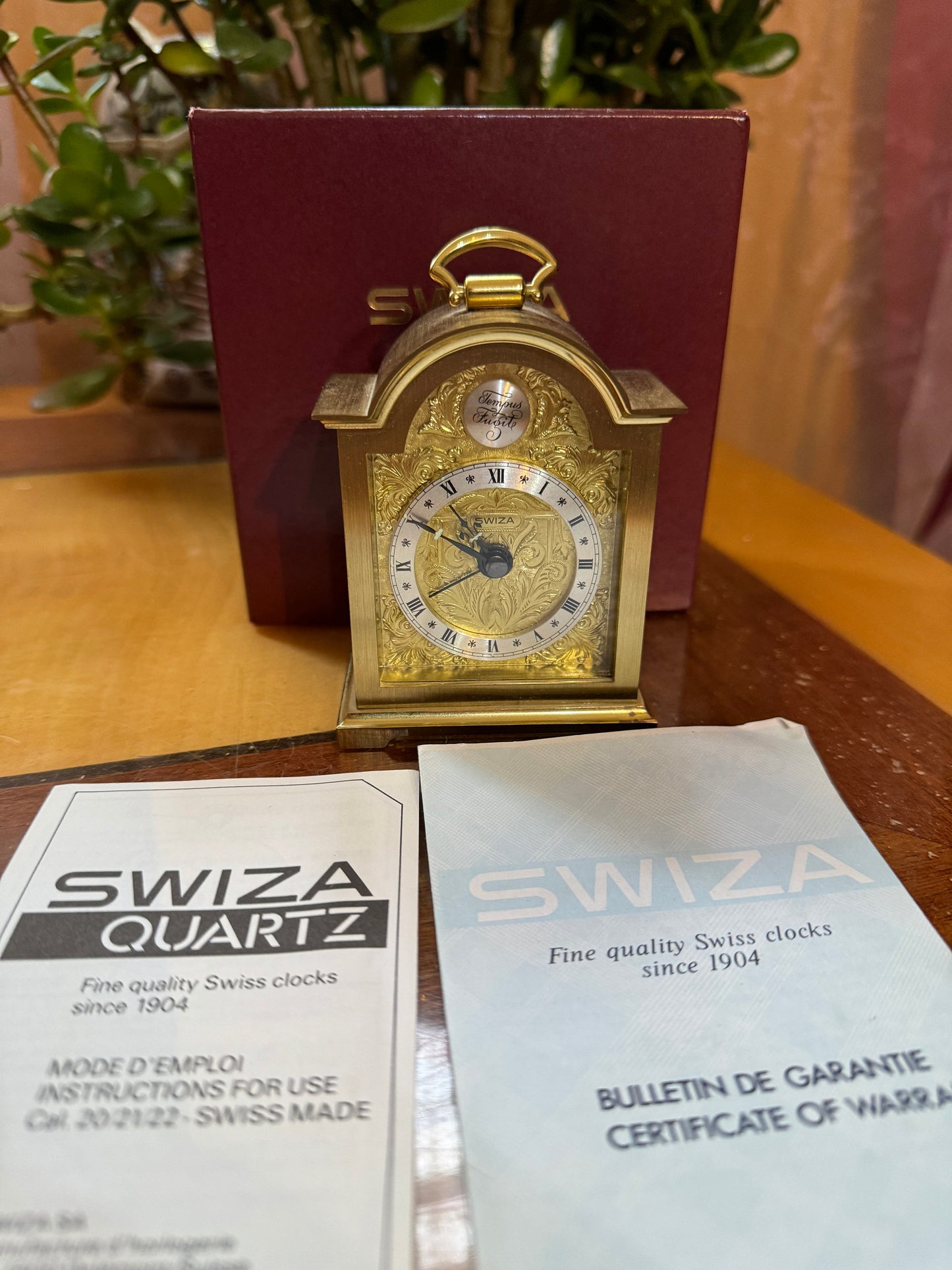 Vintage SWIZA Brass Alarm Clock – Tempus Fugit, Swiss Made, with Box & Papers