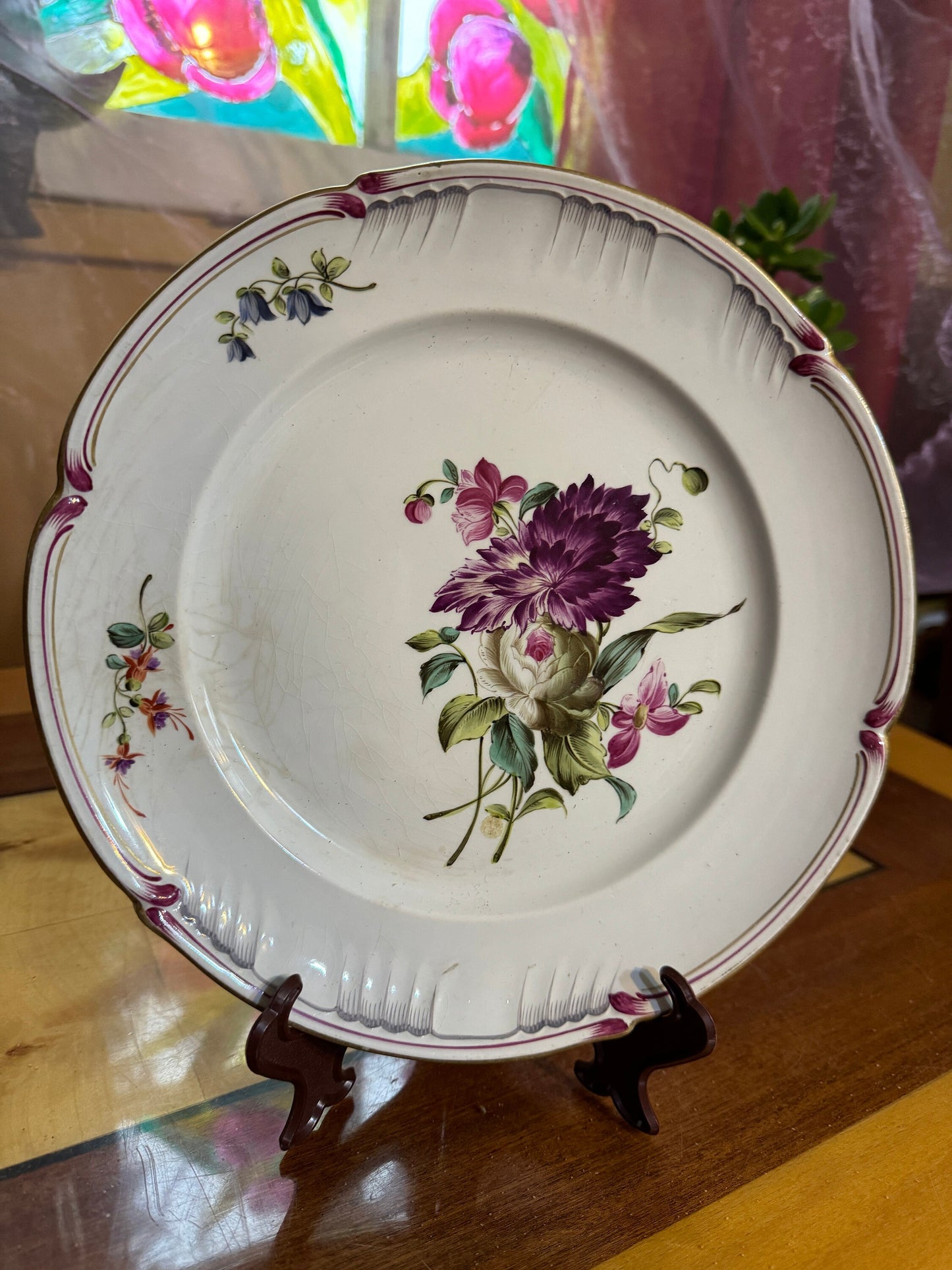 Antique French Plate – K&G Lunéville – Hand Painted Floral – Romantic Decor – 1890s – Crackle Glaze – Shabby Chic Wall Plate