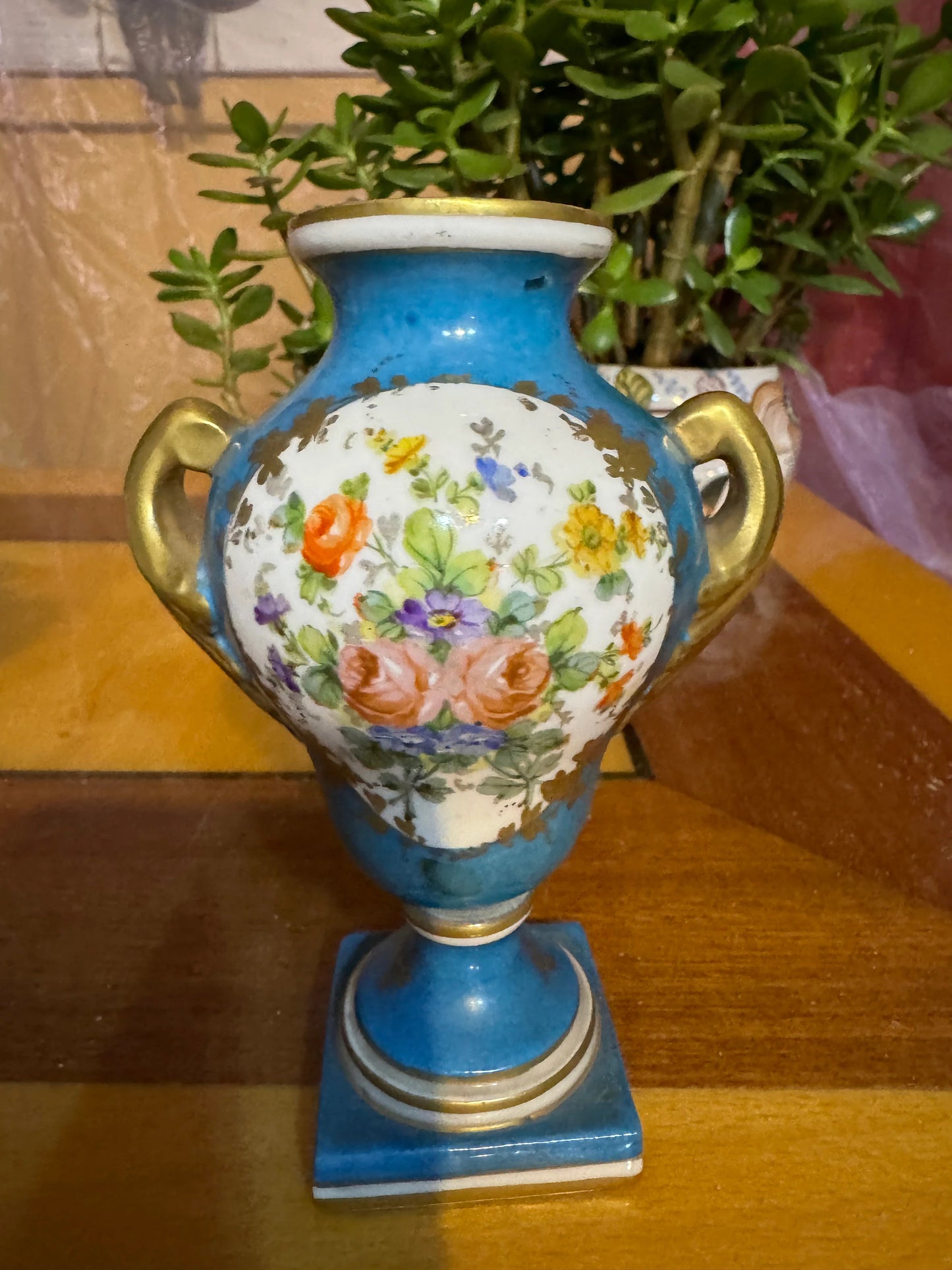 Antique French Hand-Painted Porcelain Vases – Pair – Floral & Gilt – Turquoise Blue – 19th Century