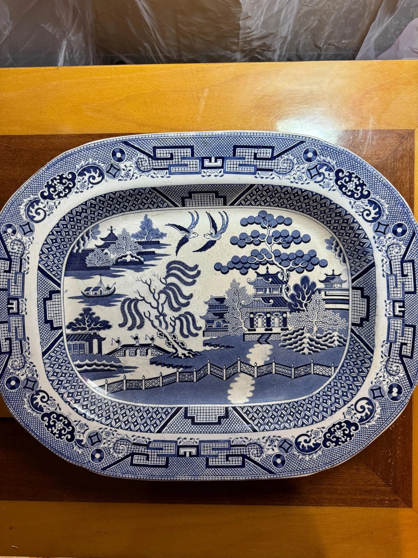 Large Antique Staffordshire Blue Willow Platter – 19th Century English Transferware – 45×35 cm