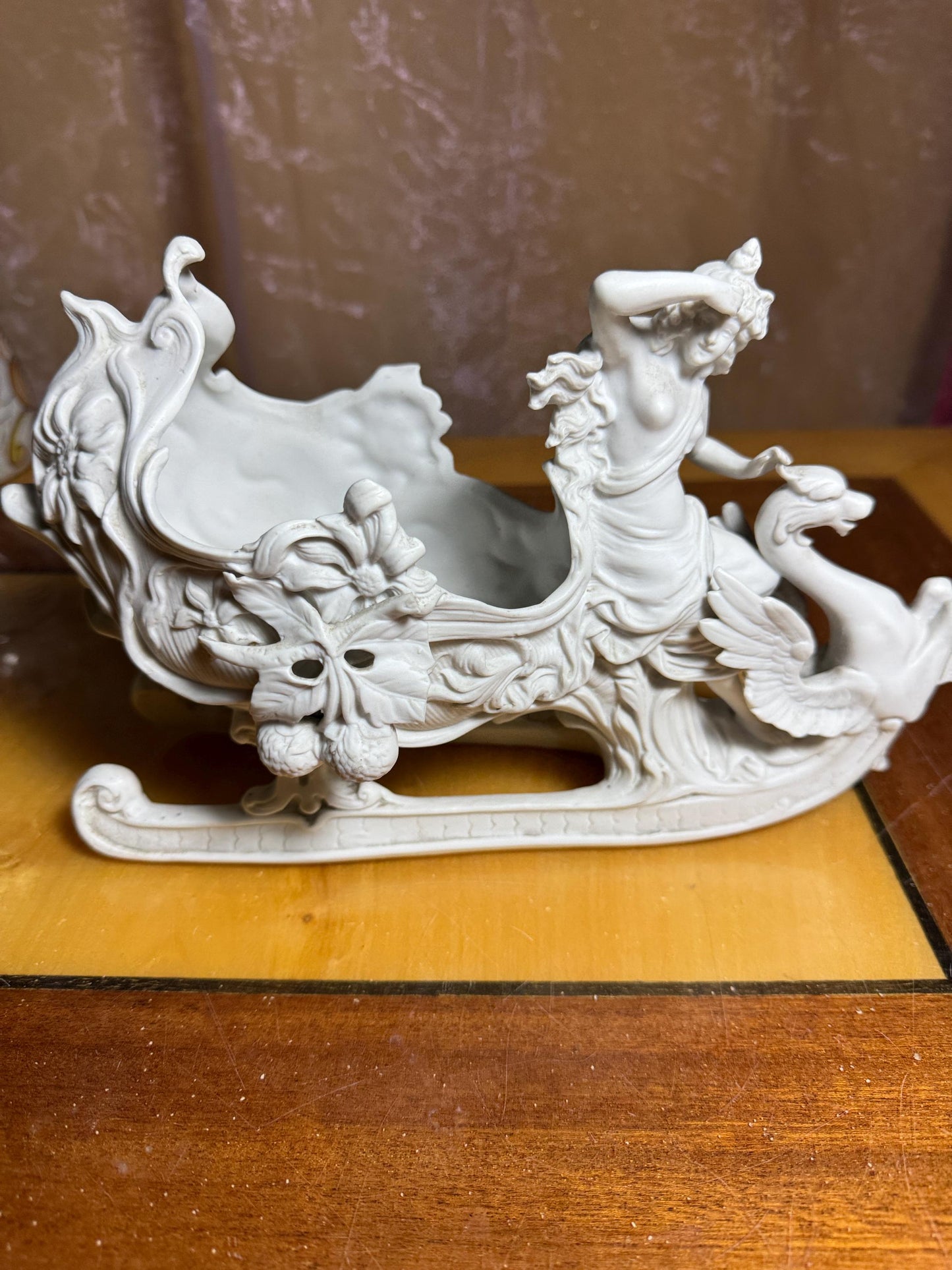 Antique Art Nouveau Bisque Porcelain Sleigh with Lady and Swan – Continental 19th Century Sculpture – SB 2677