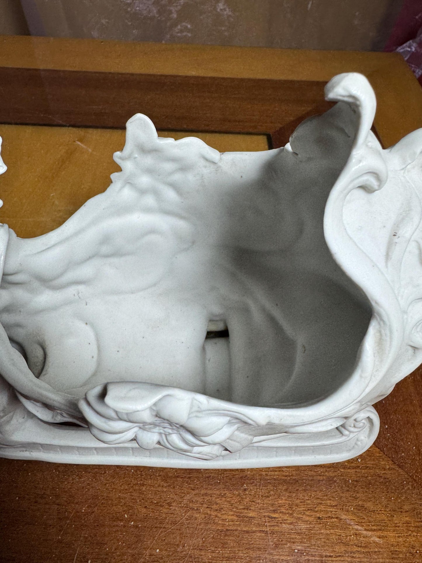 Antique Art Nouveau Bisque Porcelain Sleigh with Lady and Swan – Continental 19th Century Sculpture – SB 2677
