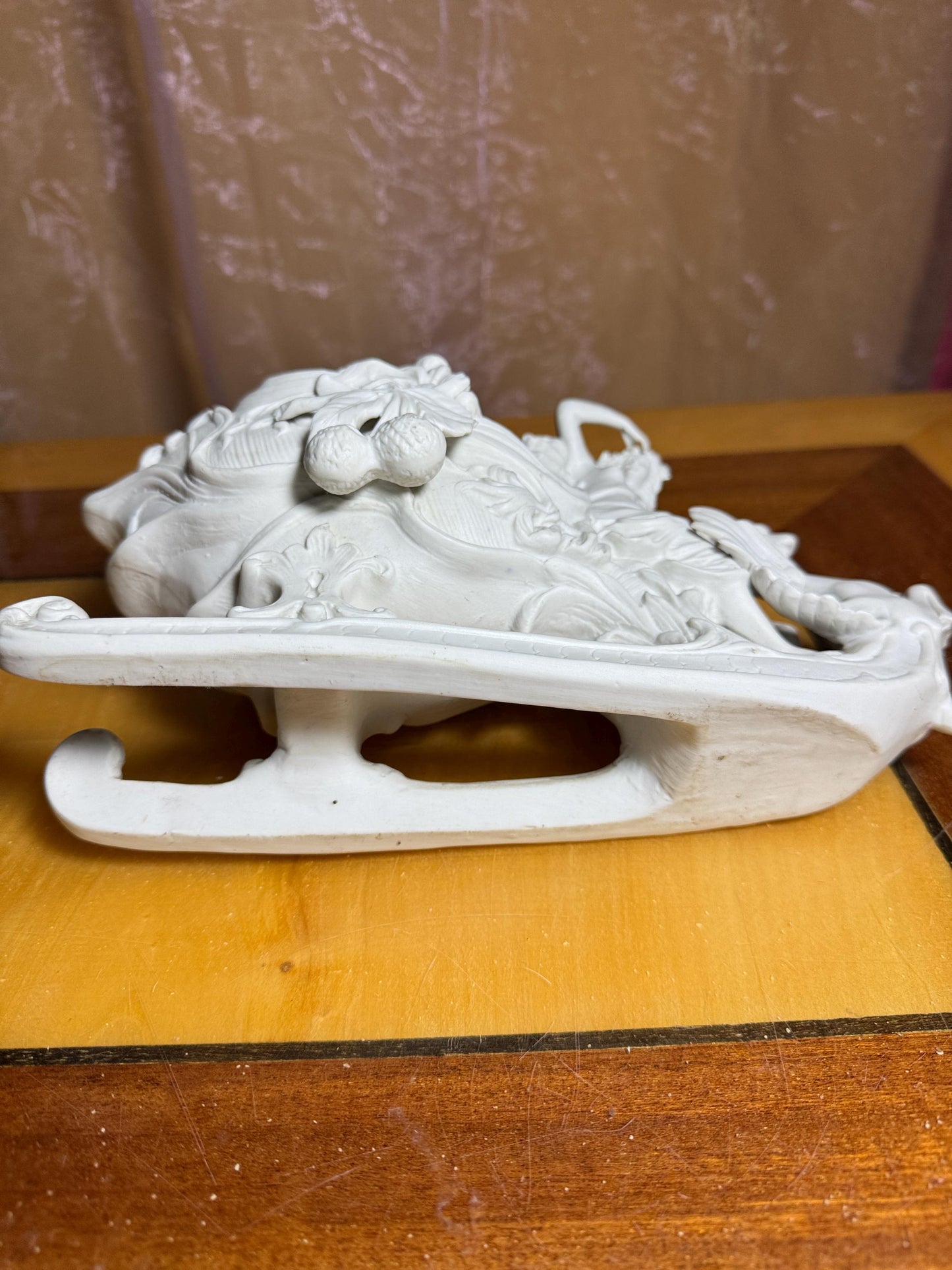Antique Art Nouveau Bisque Porcelain Sleigh with Lady and Swan – Continental 19th Century Sculpture – SB 2677