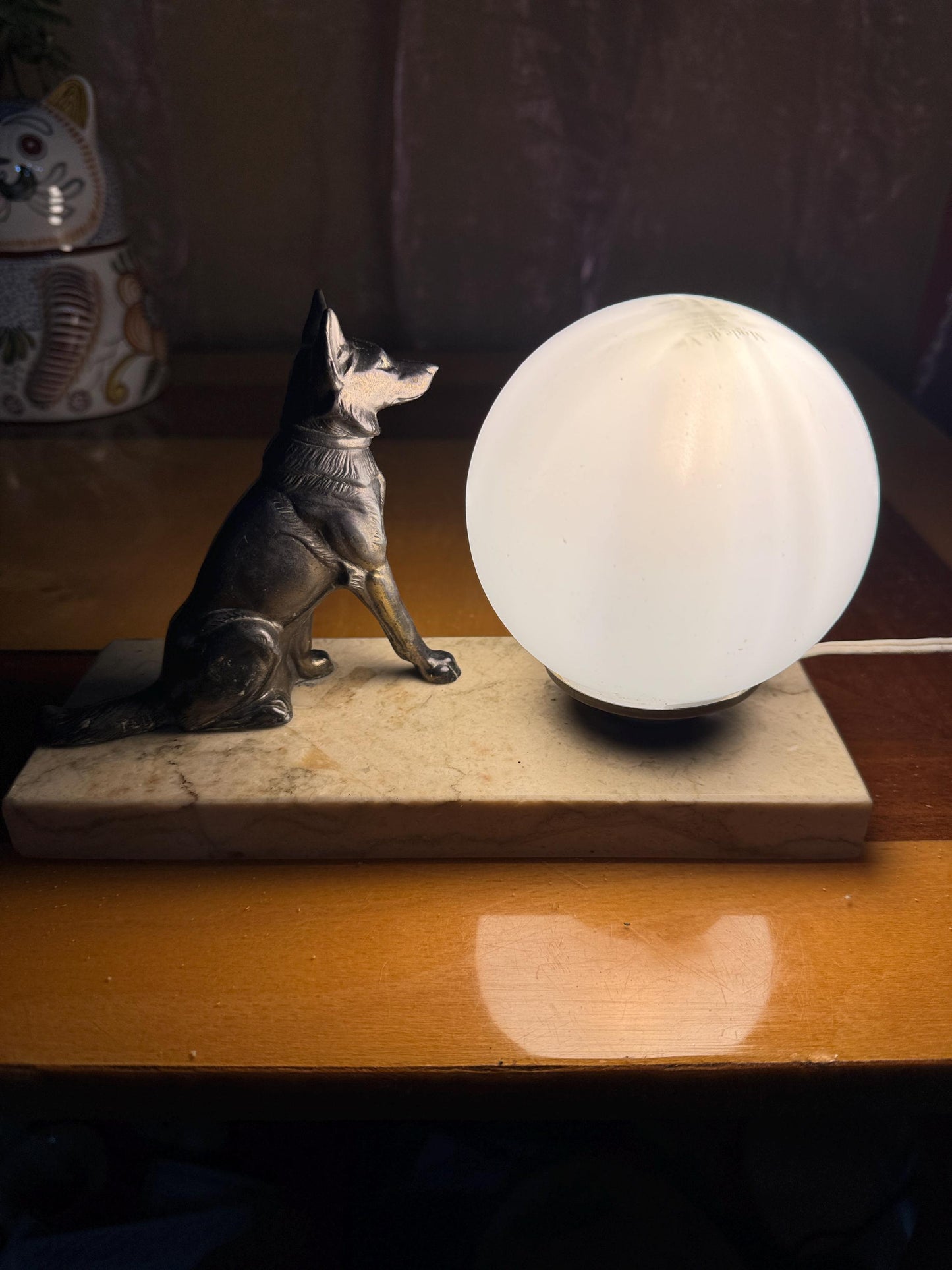 Art Deco Bronze Dog Table Lamp with Marble Base – Signed T.E.D.D. – 1930s French Lighting