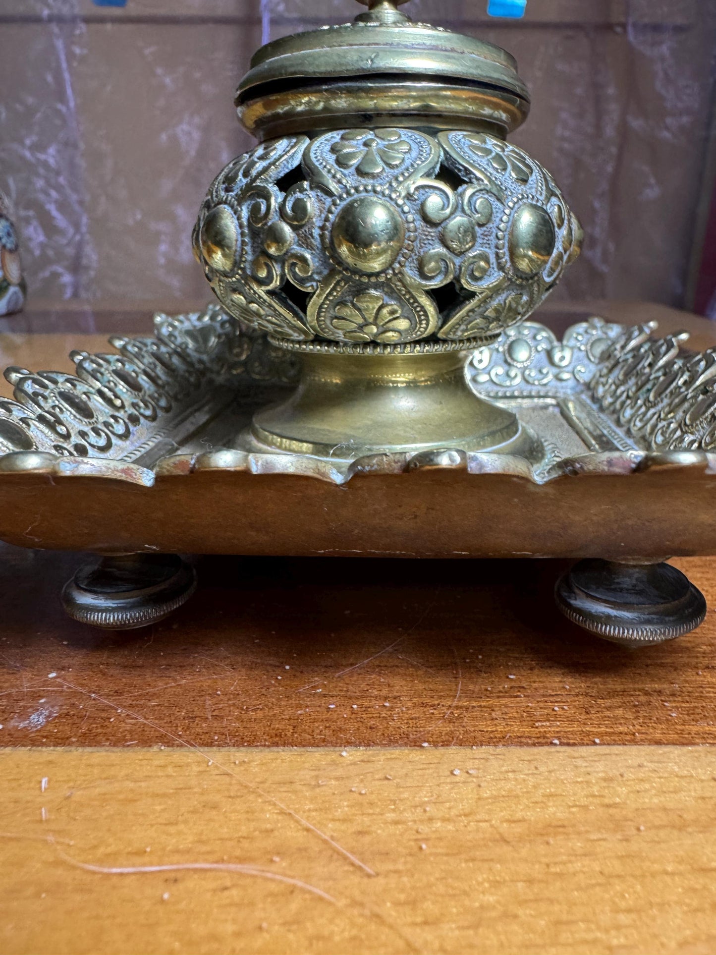 Antique Bronze Inkwell – Indo-Persian Design – Pierced Lid and Base – 19th Century – 12x12 cm