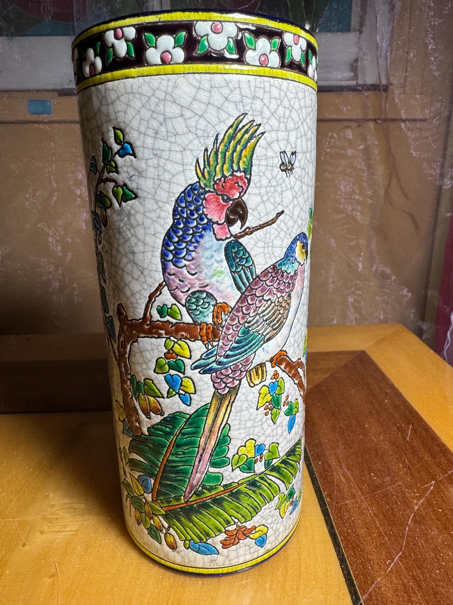 Early Longwy Vase – Parrots & Blossoms – ca. 1900–1930 – Hand-Painted French Enamel