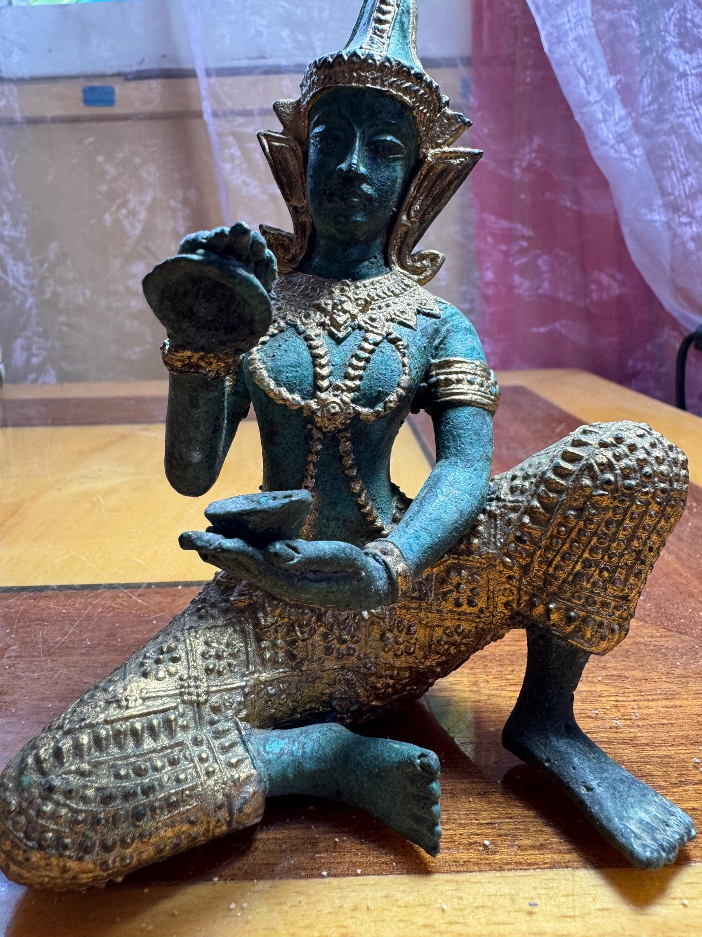 Vintage Thai Bronze Goddess Statue – Gilded Apsara Dancer – 14 cm – Patinated Sculpture
