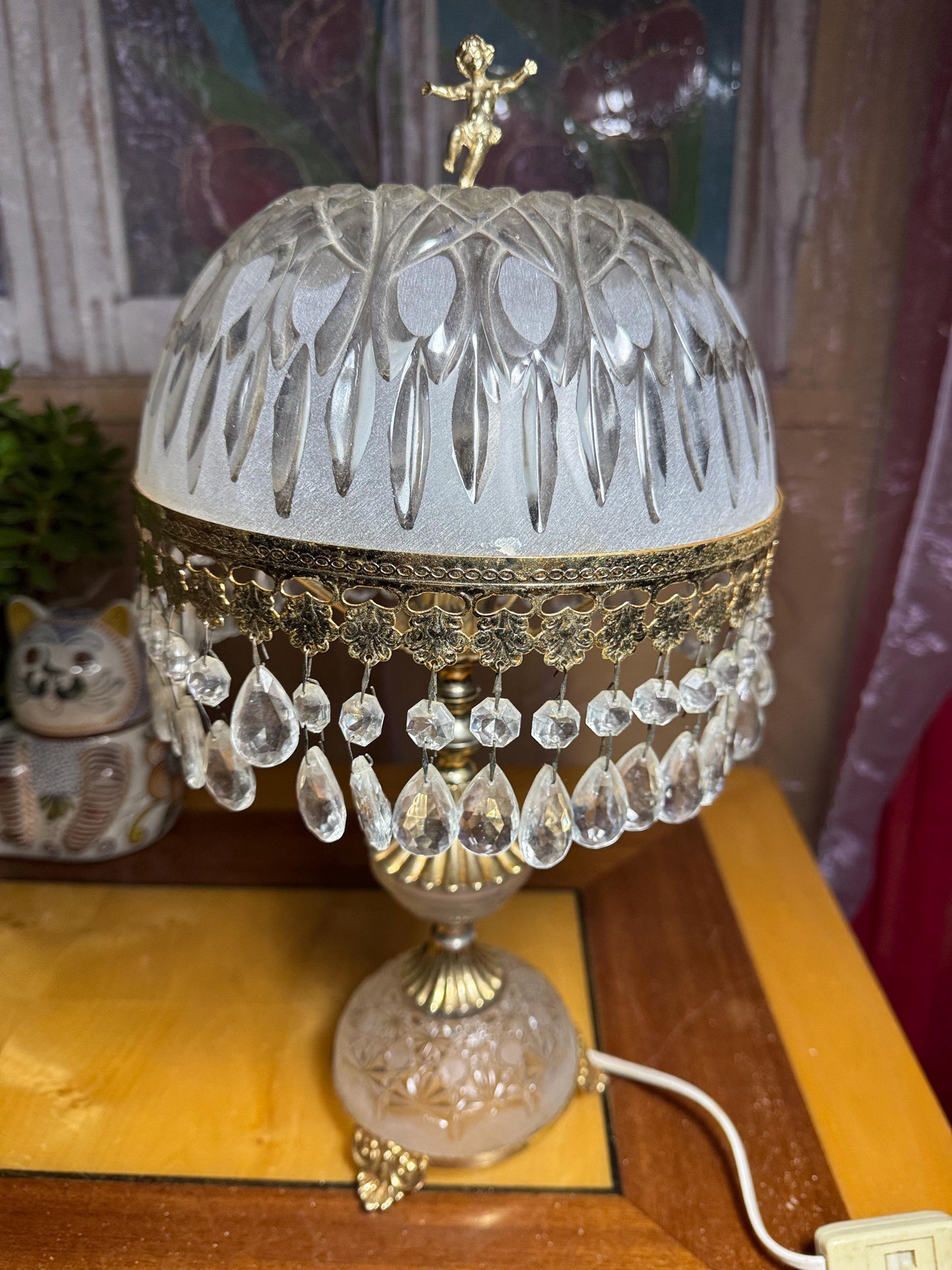 Luxury Vintage Art Deco Crystal Boudoir Lamp – Michelotti Glass & Brass – Putti Cherub Topper