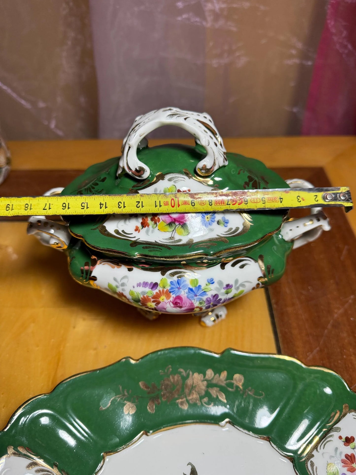Hand-Painted French Porcelain Tureen with Platter – Green & Floral Gilded – Vintage France