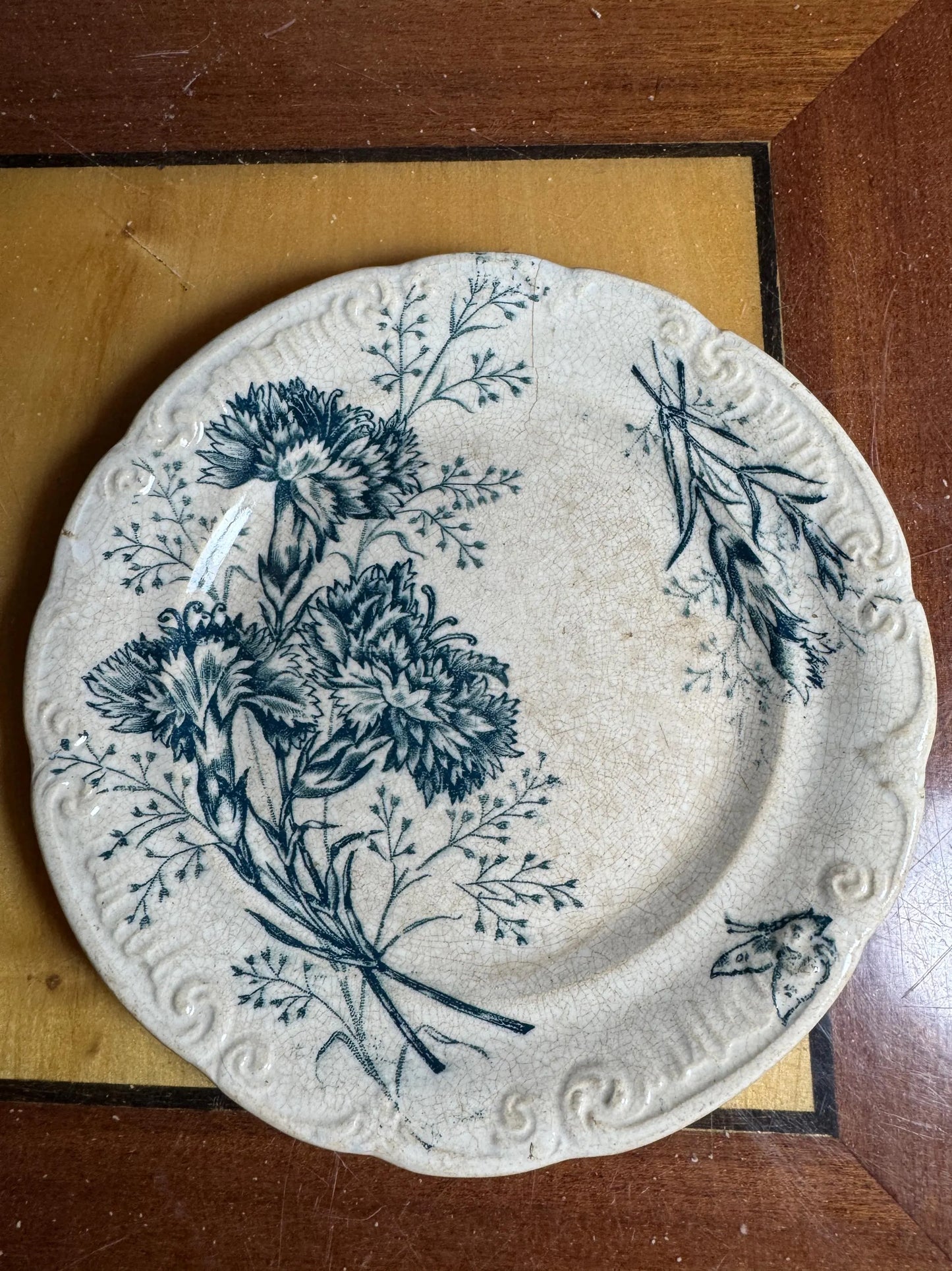Antique French Faience Plate β Blue Carnation Floral Transferware with Butterfly β 1880s
