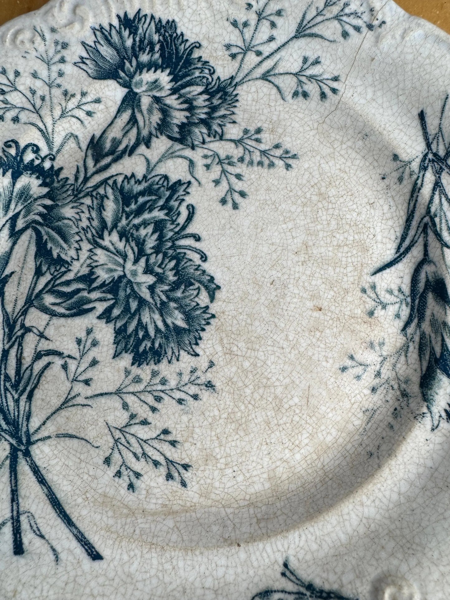 Antique French Faience Plate β Blue Carnation Floral Transferware with Butterfly β 1880s