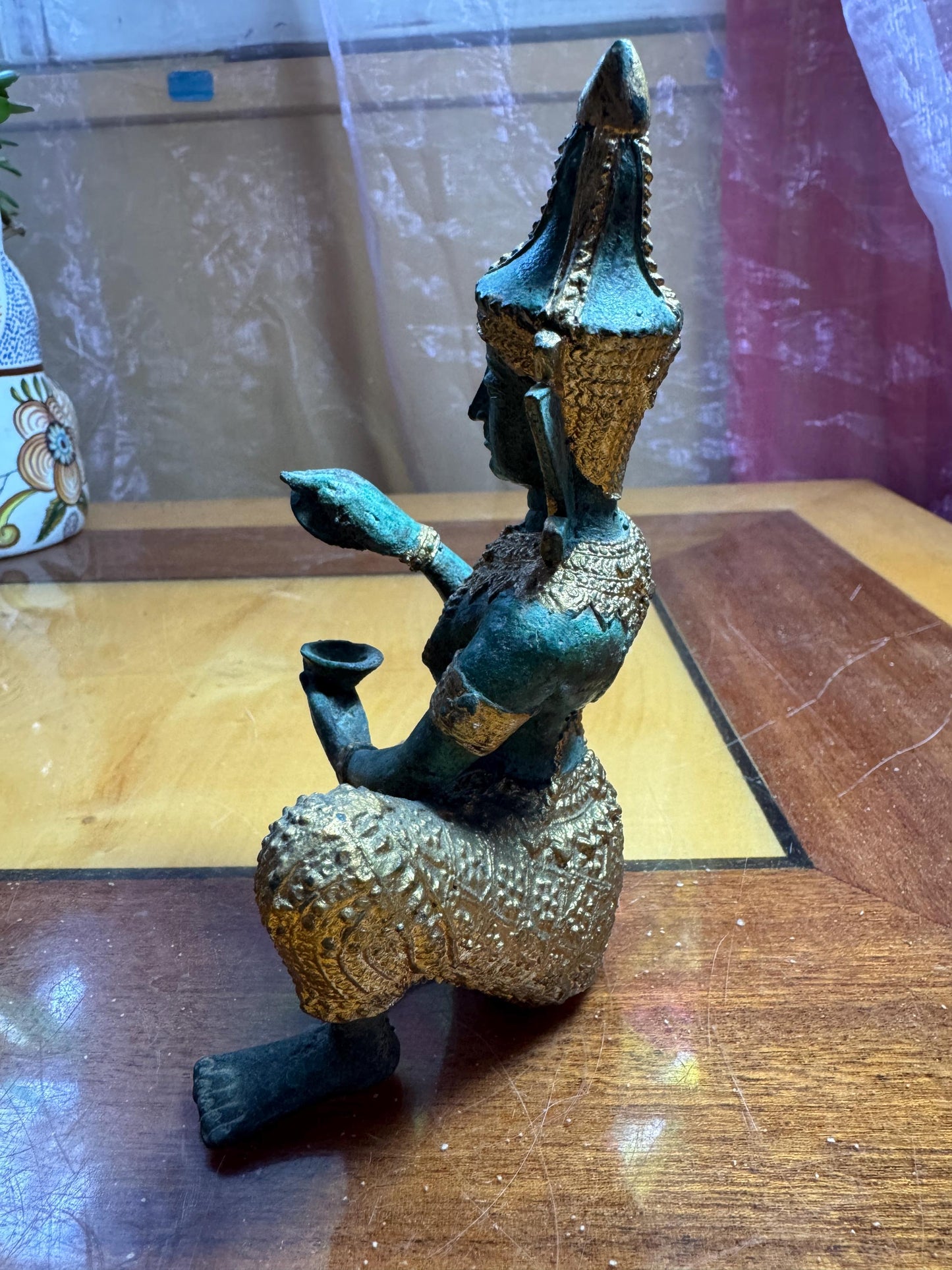 Vintage Thai Bronze Goddess Statue – Gilded Apsara Dancer – 14 cm – Patinated Sculpture