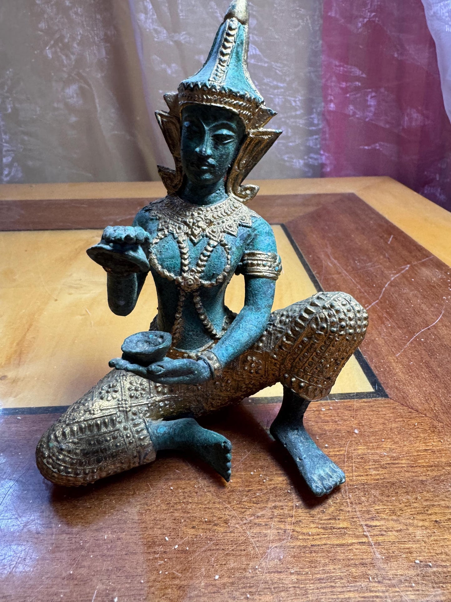 Vintage Thai Bronze Goddess Statue – Gilded Apsara Dancer – 14 cm – Patinated Sculpture