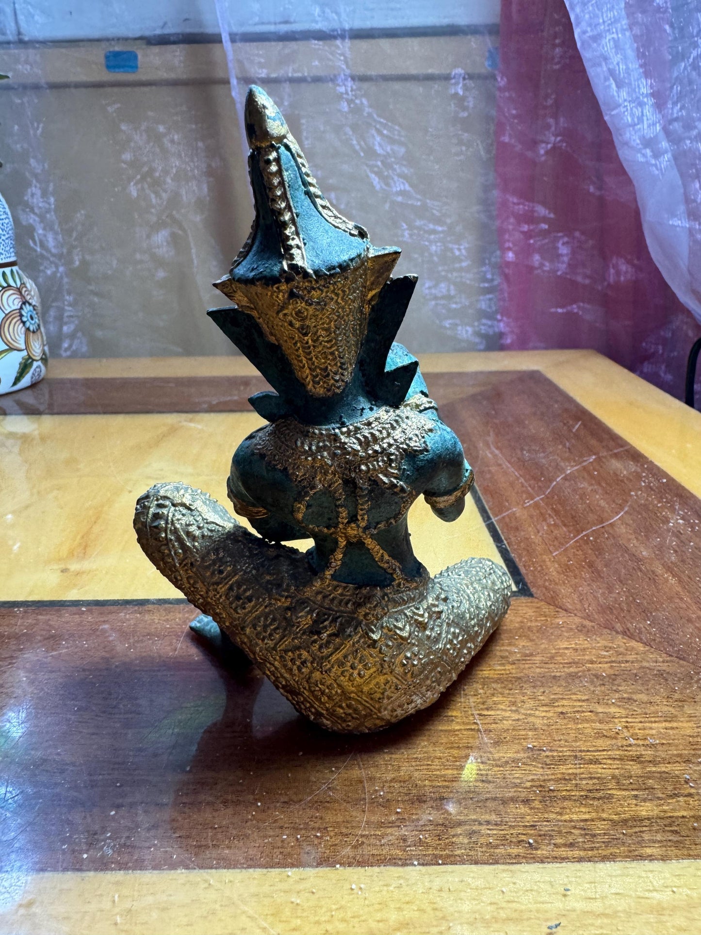 Vintage Thai Bronze Goddess Statue – Gilded Apsara Dancer – 14 cm – Patinated Sculpture