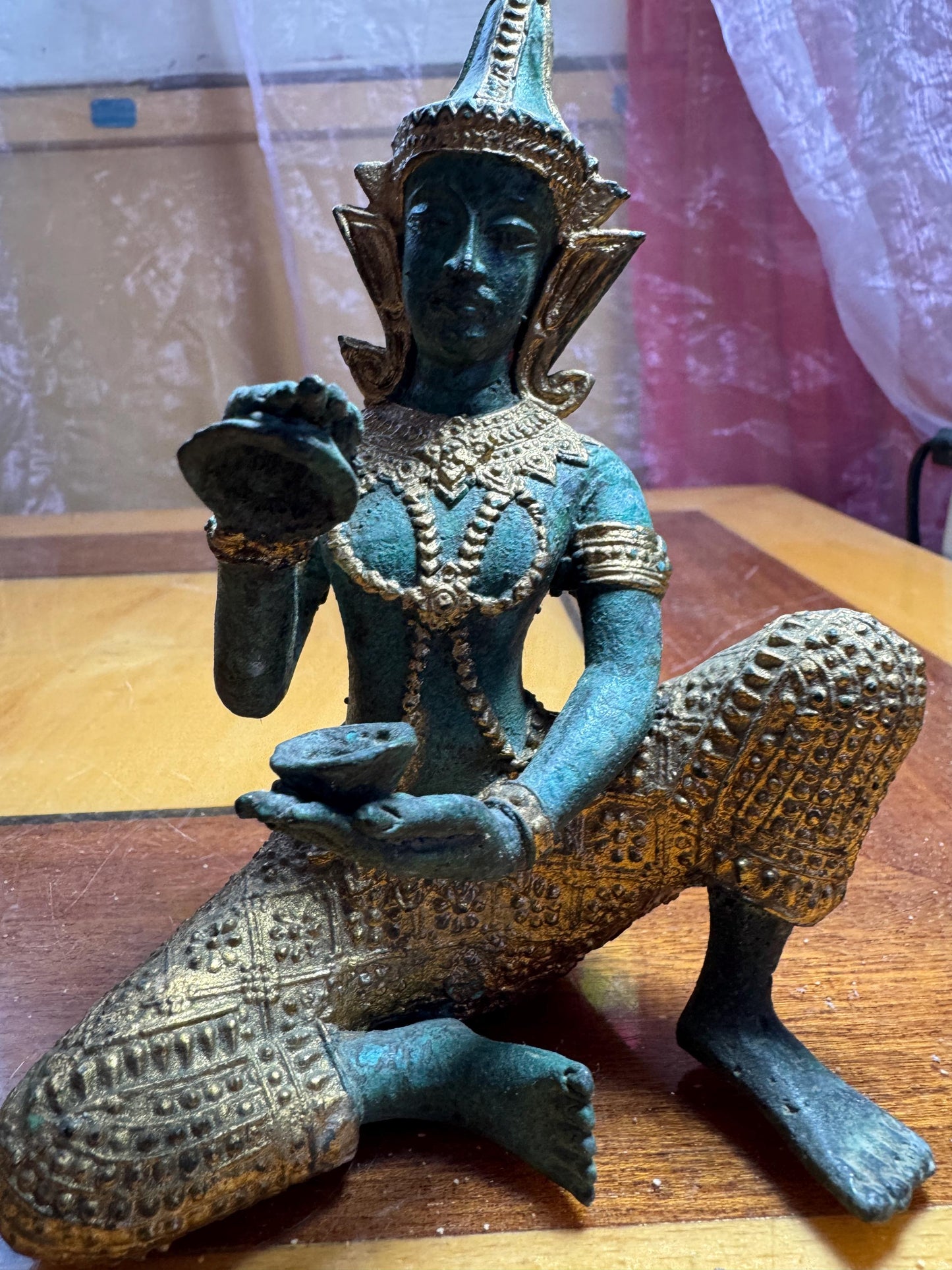 Vintage Thai Bronze Goddess Statue – Gilded Apsara Dancer – 14 cm – Patinated Sculpture