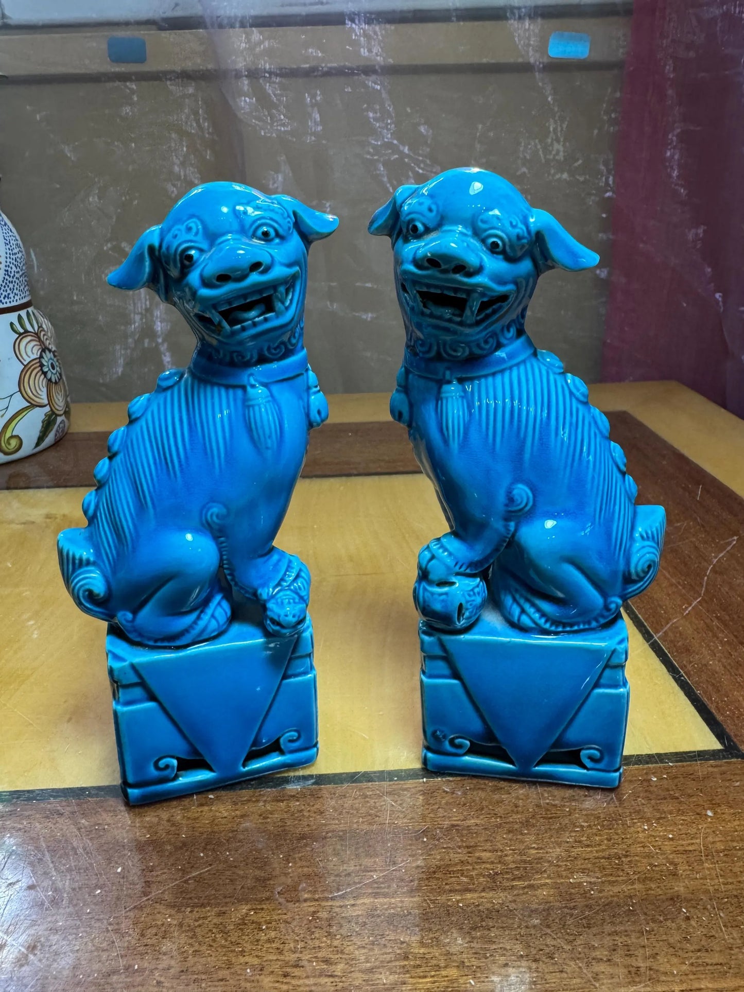 Pair of Vintage Chinese Foo Dogs – Turquoise Ceramic – 16 cm