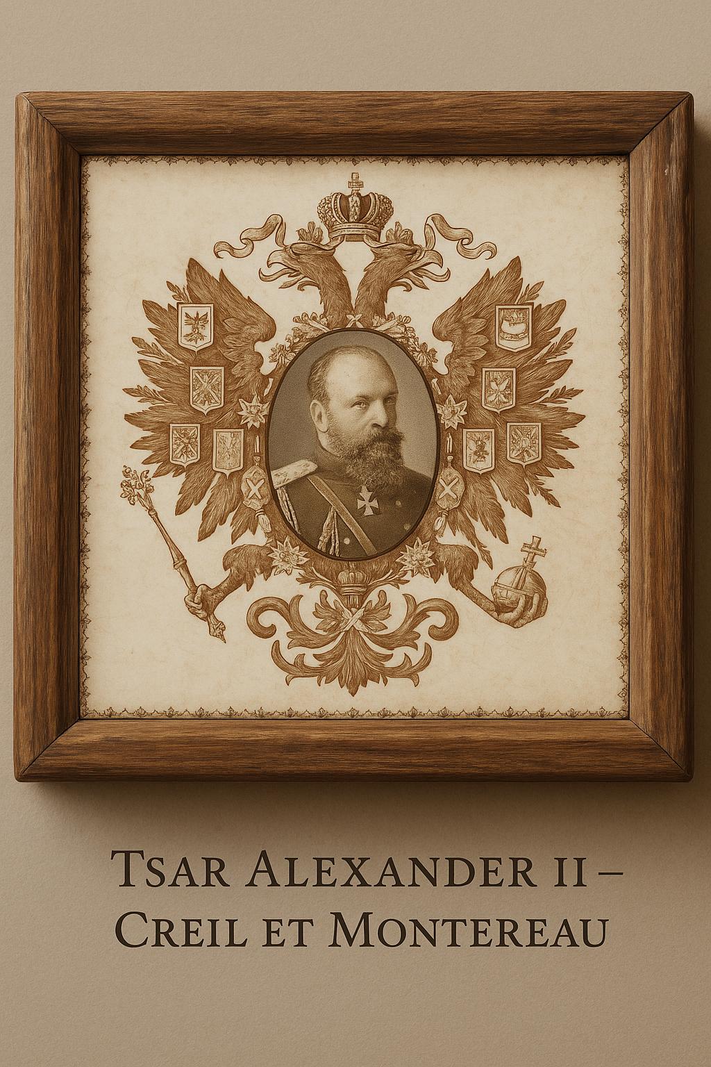 Rare French Tile – Tsar Alexander II – Creil et Montereau – Imperial Russian Emblems – Framed 20×20 cm