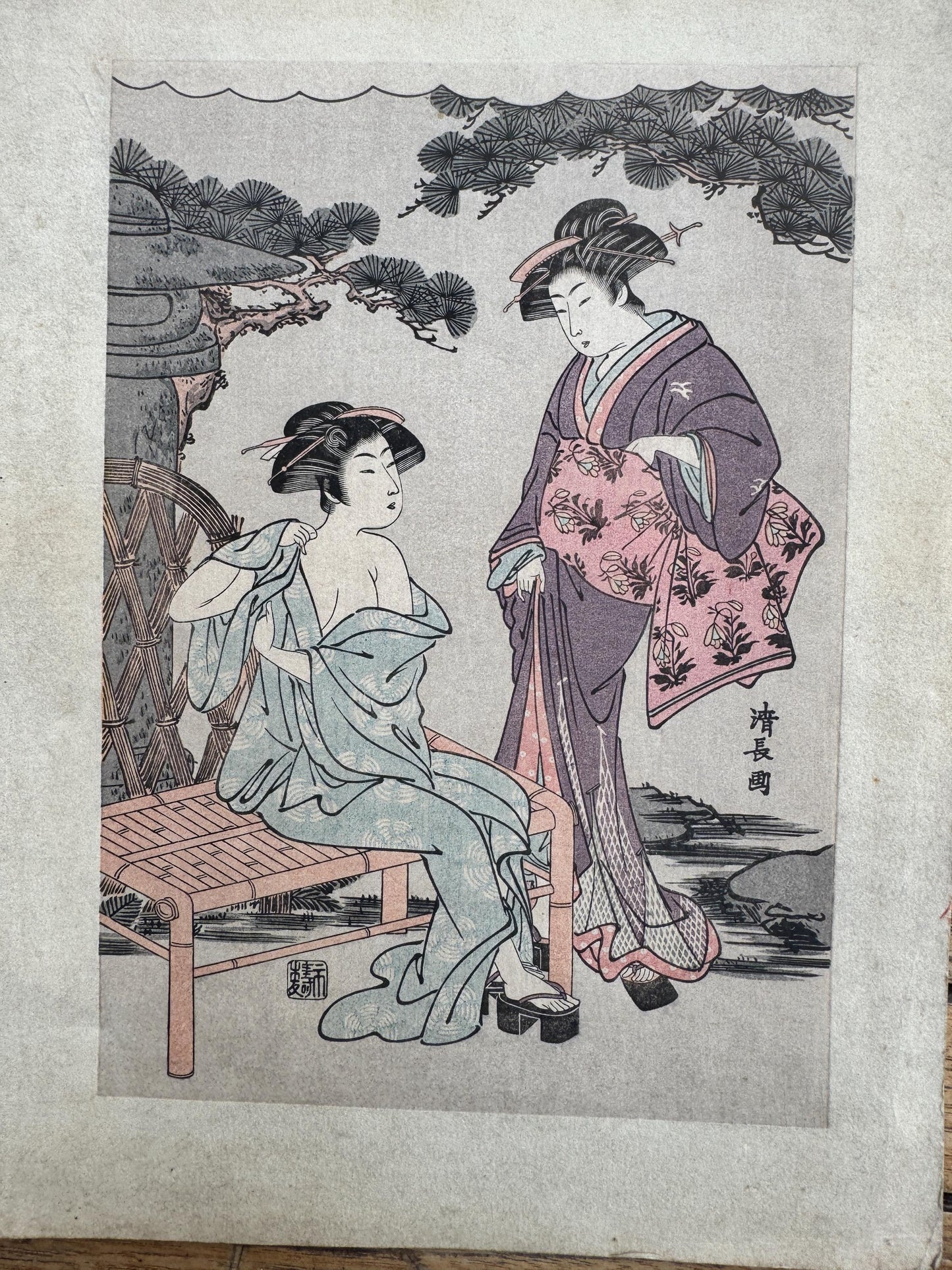 Japanese Woodblock Print – Kitagawa Utamaro Style – Antique Ukiyo-e of Courtesans